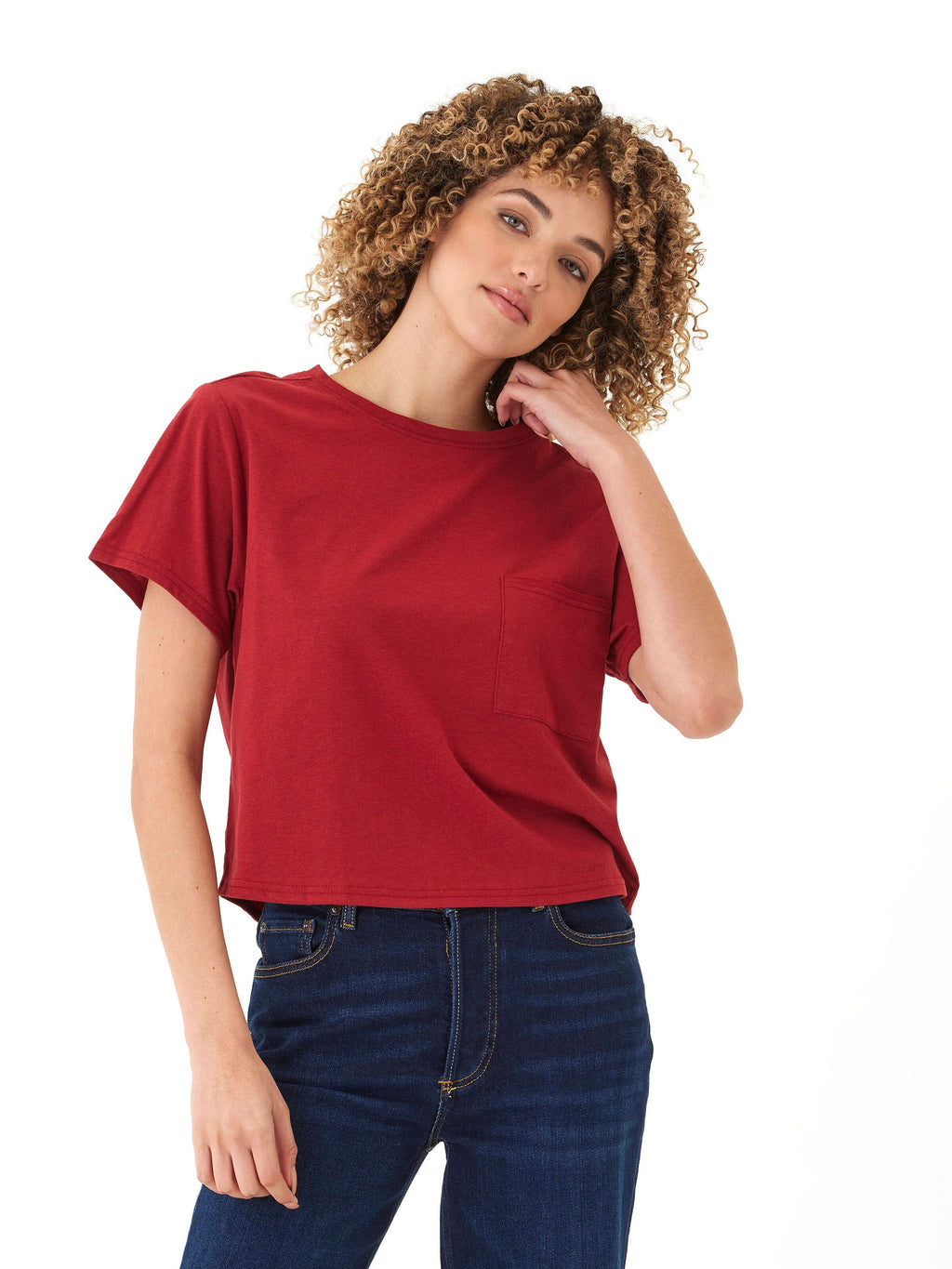Close up of Core Triblend Jersey Pocket Tee in a relaxed fit with crew neckline