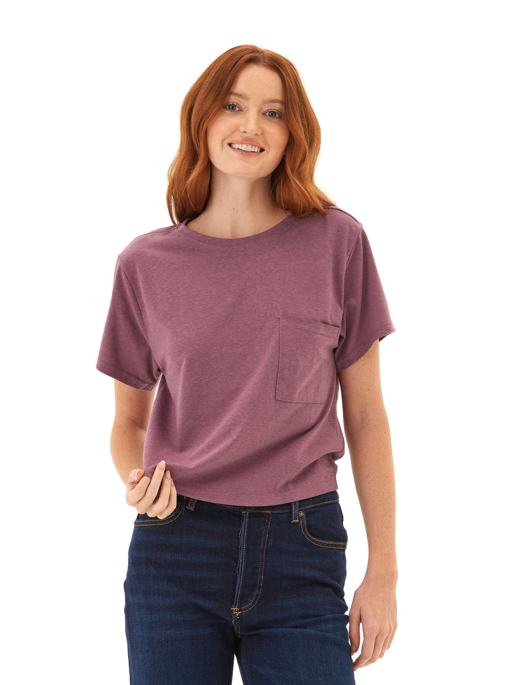 Model wearing a comfortable relaxed fit Core Triblend Jersey pocket tee in a crew neck style.