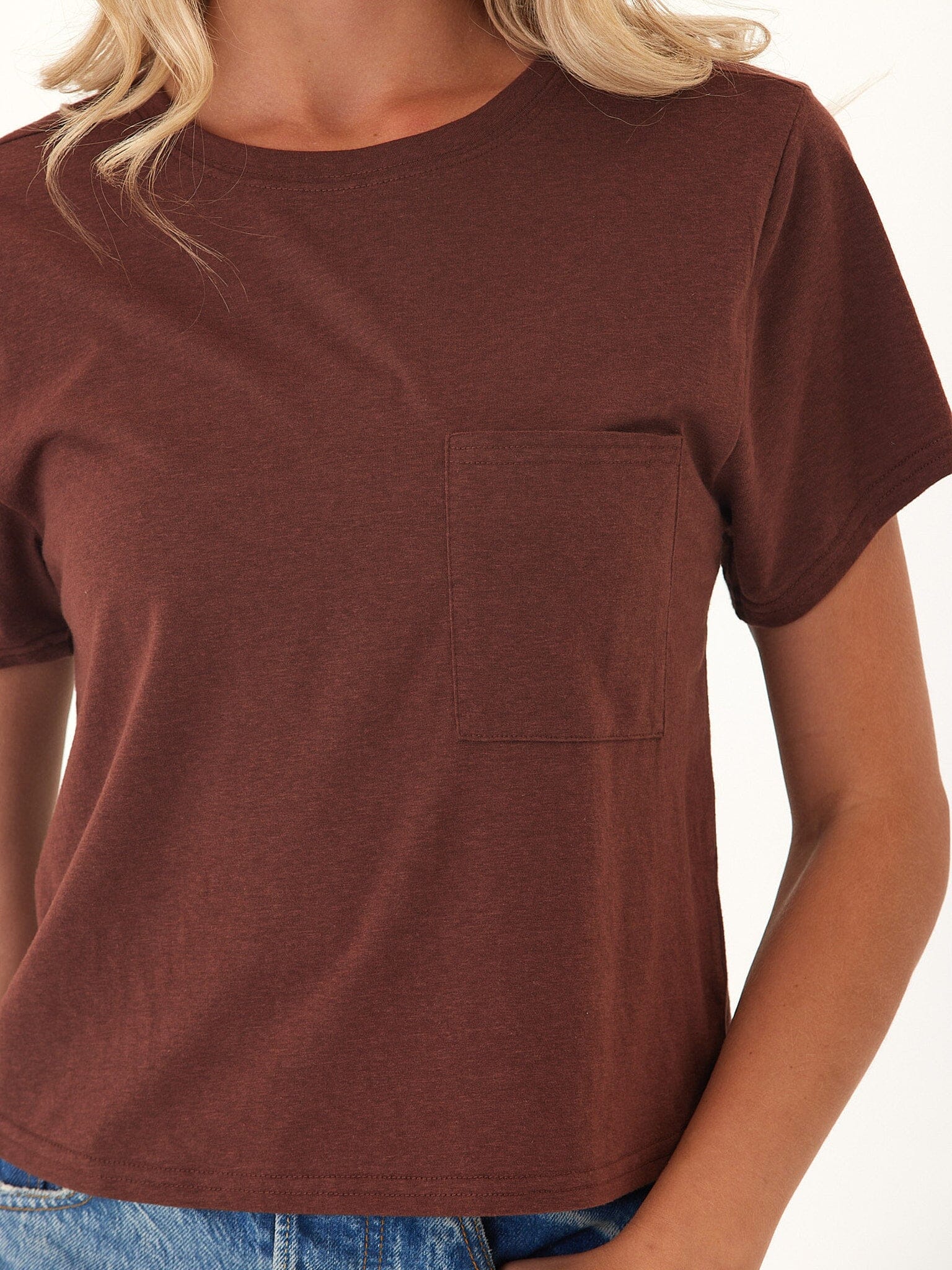 Brown Triblend Jersey pocket tee with a classic crew neckline