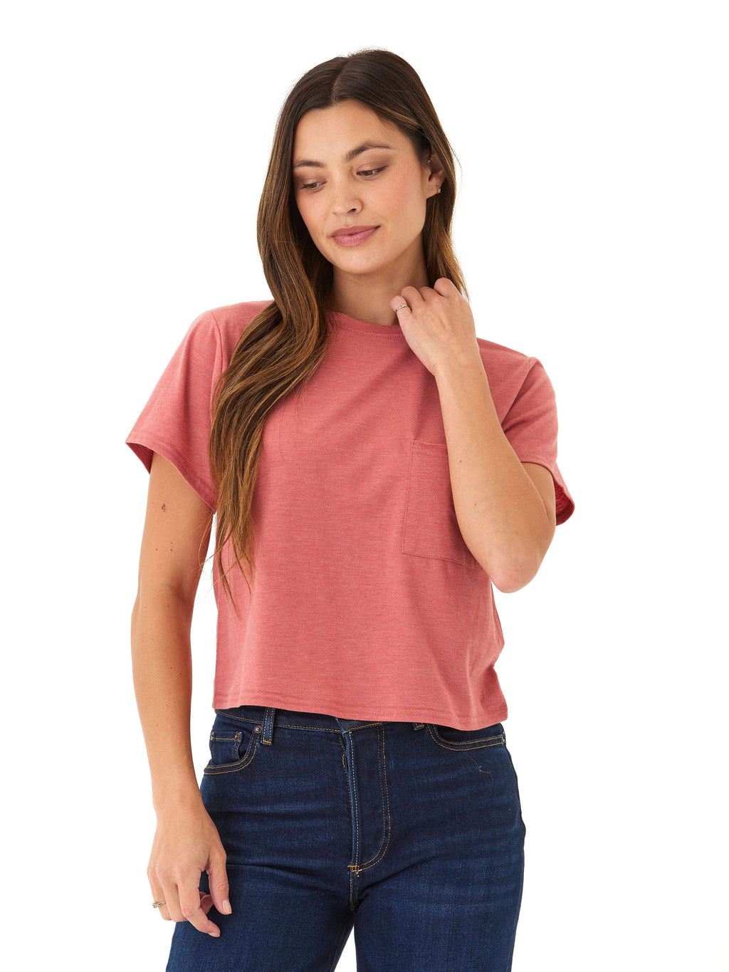 Women wearing a dusty-rose Core Triblend Jersey Pocket Tee with a relaxed fit.