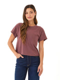 Women wearing a relaxed-fit maroon burgundy Triblend Jersey pocket tee with a crew neckline.