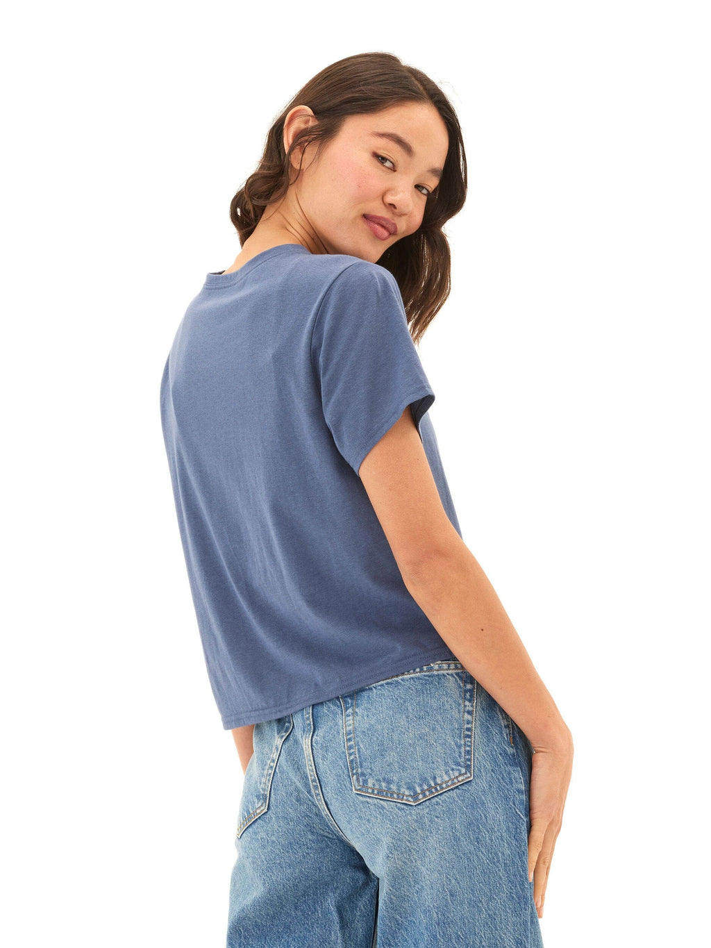 Women's blue crew neck pocket tee made from soft triblend jersey fabric.