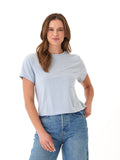 Women's Core Triblend Jersey Pocket Tee in solid light blue, showcasing a relaxed crew neck and chest pocket.
