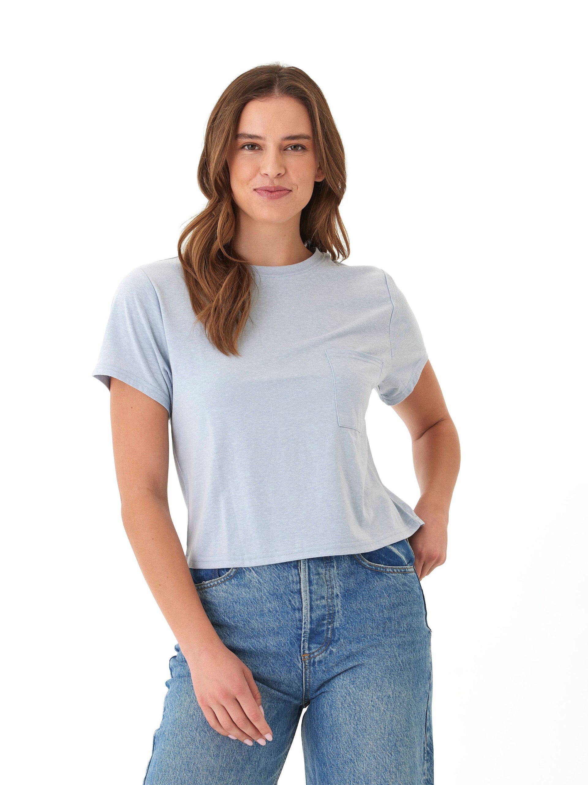 Women's Core Triblend Jersey Pocket Tee in solid light blue, showcasing a relaxed crew neck and chest pocket.