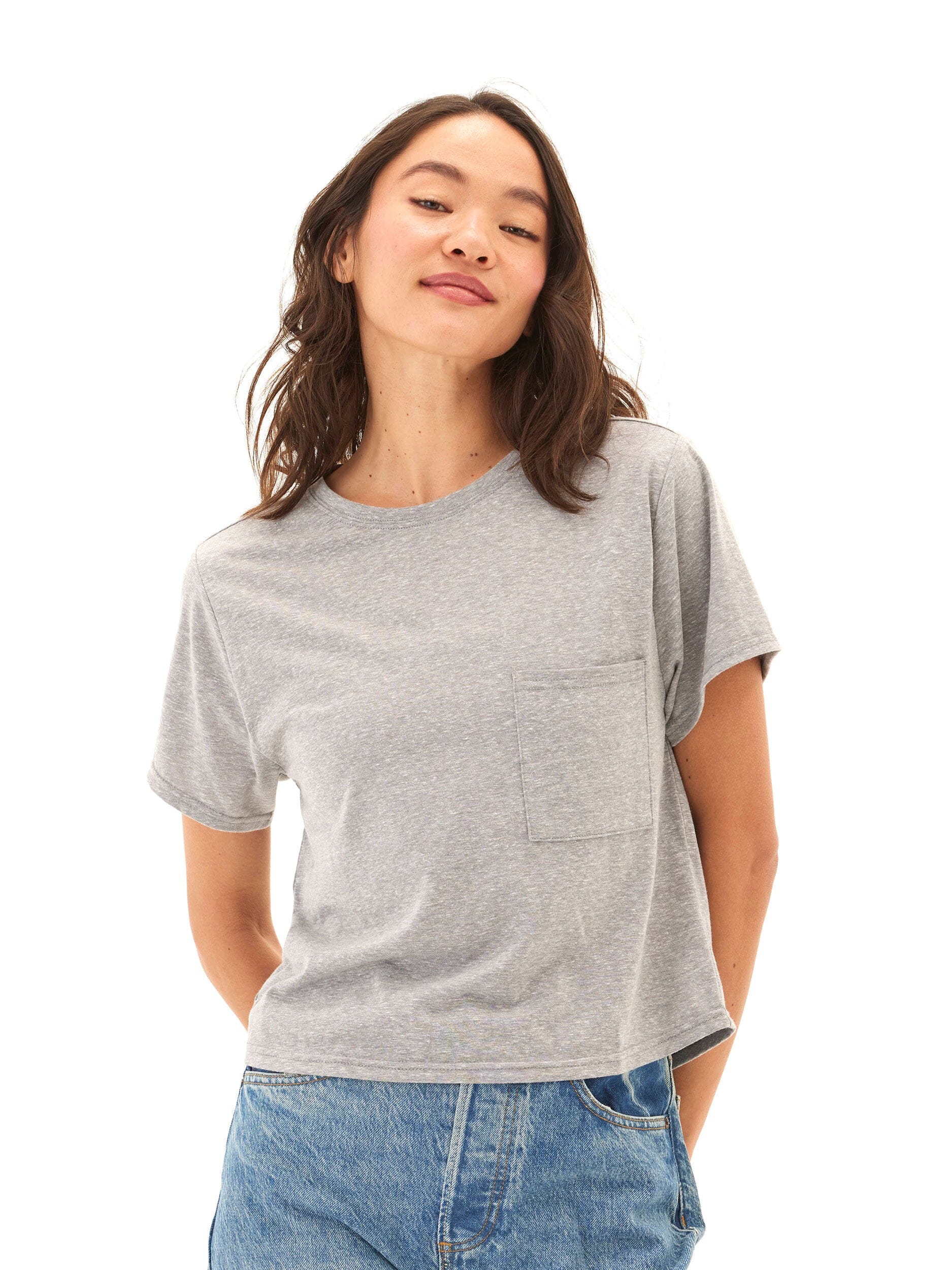 Women's grey triblend jersey pocket tee with a relaxed crew neck fit