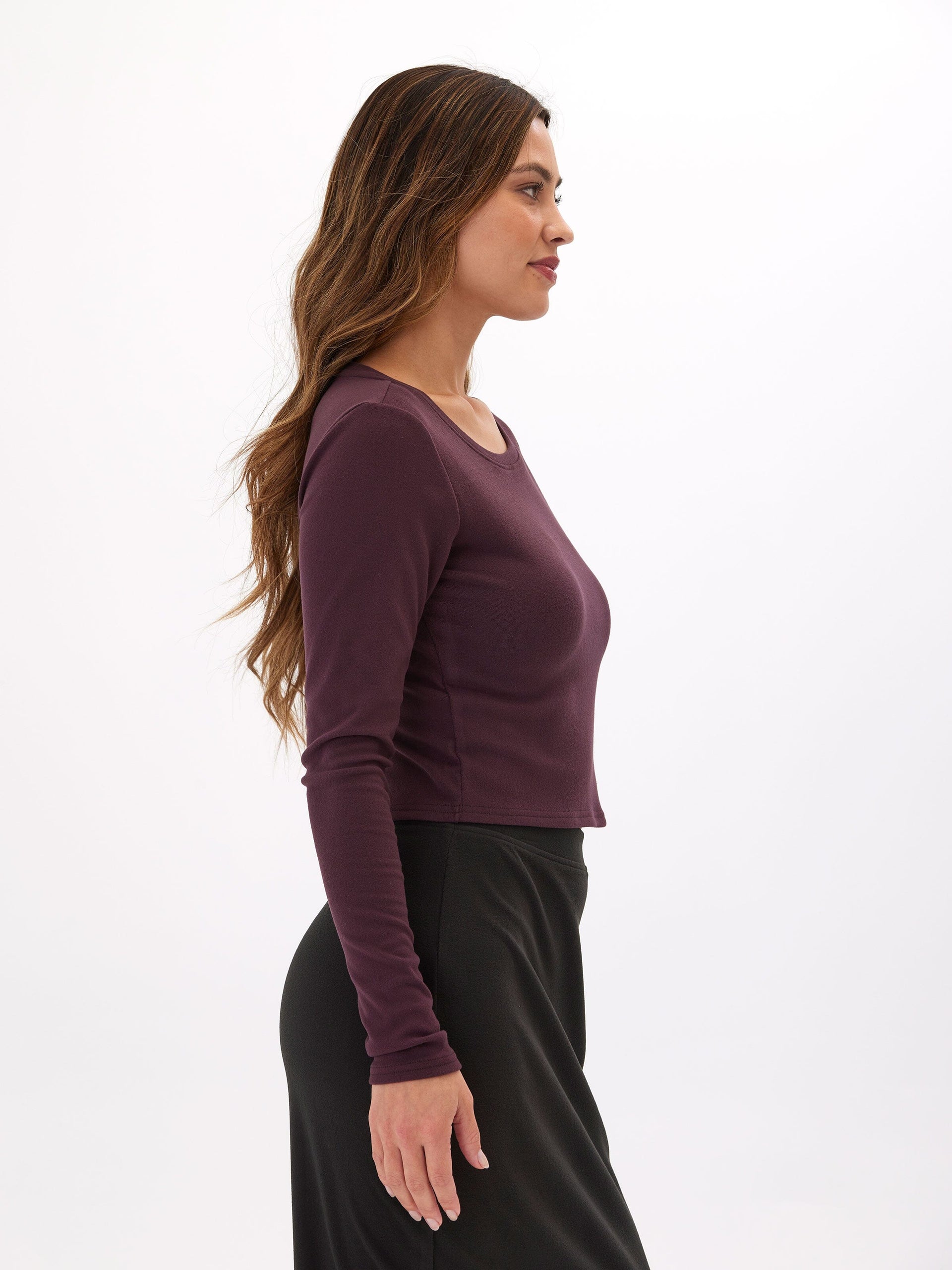 Guadalupe Luxe Rib Long Sleeve Crop Tee in Dark Plum and Maroon