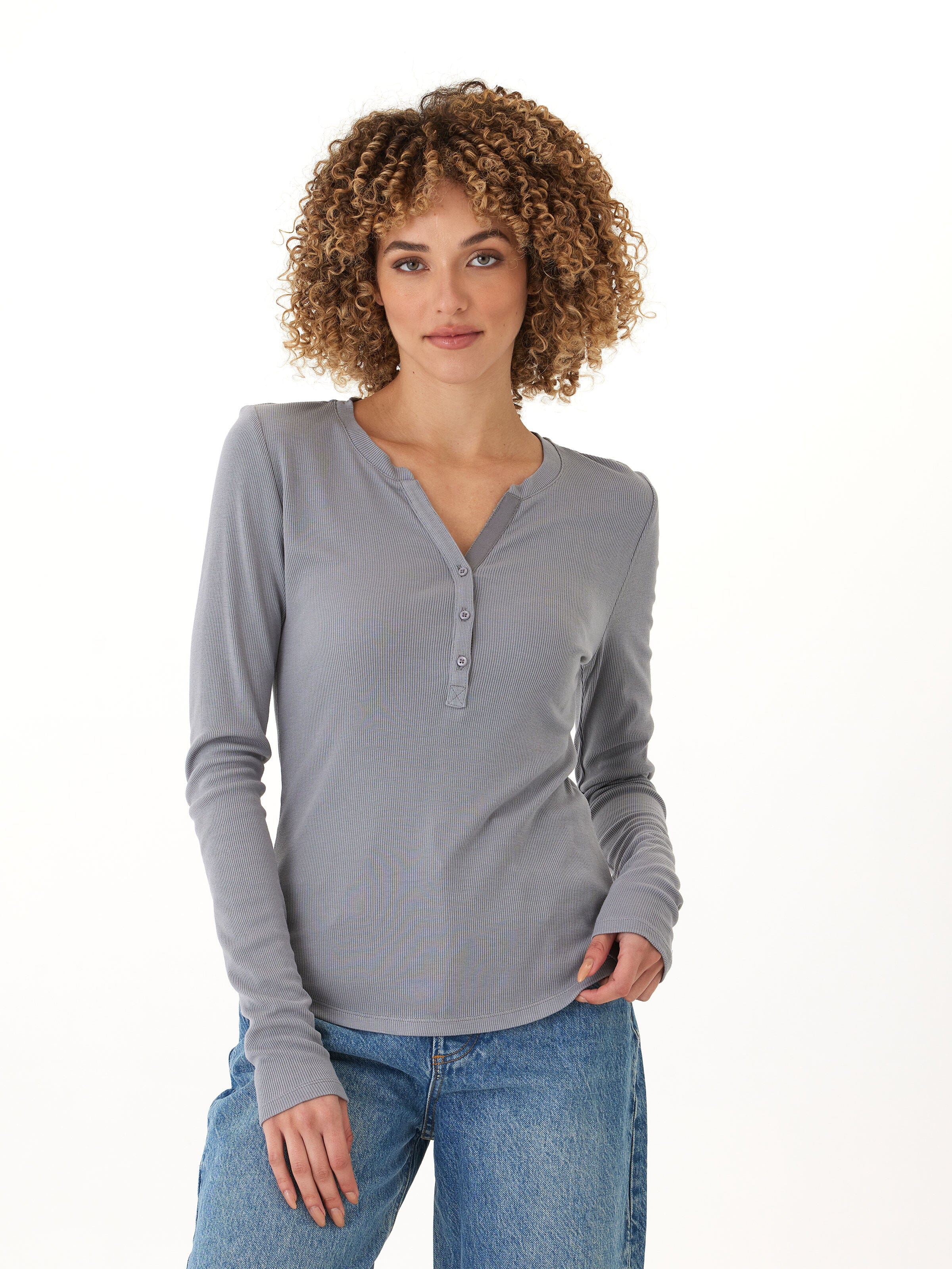 Women’s Feather Rib Long Sleeve Henley in Grey