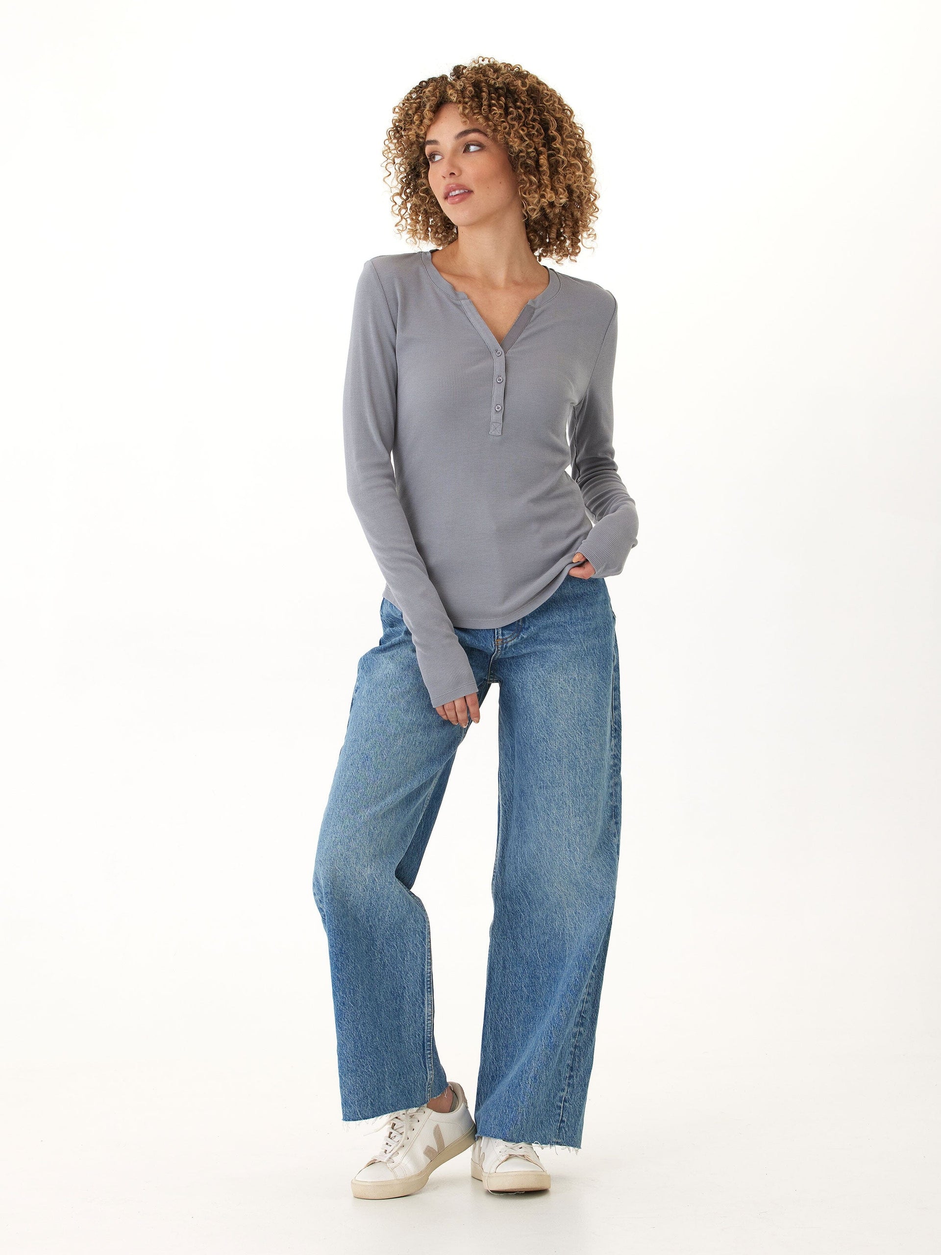 Women’s Feather Rib Long Sleeve Henley in Grey