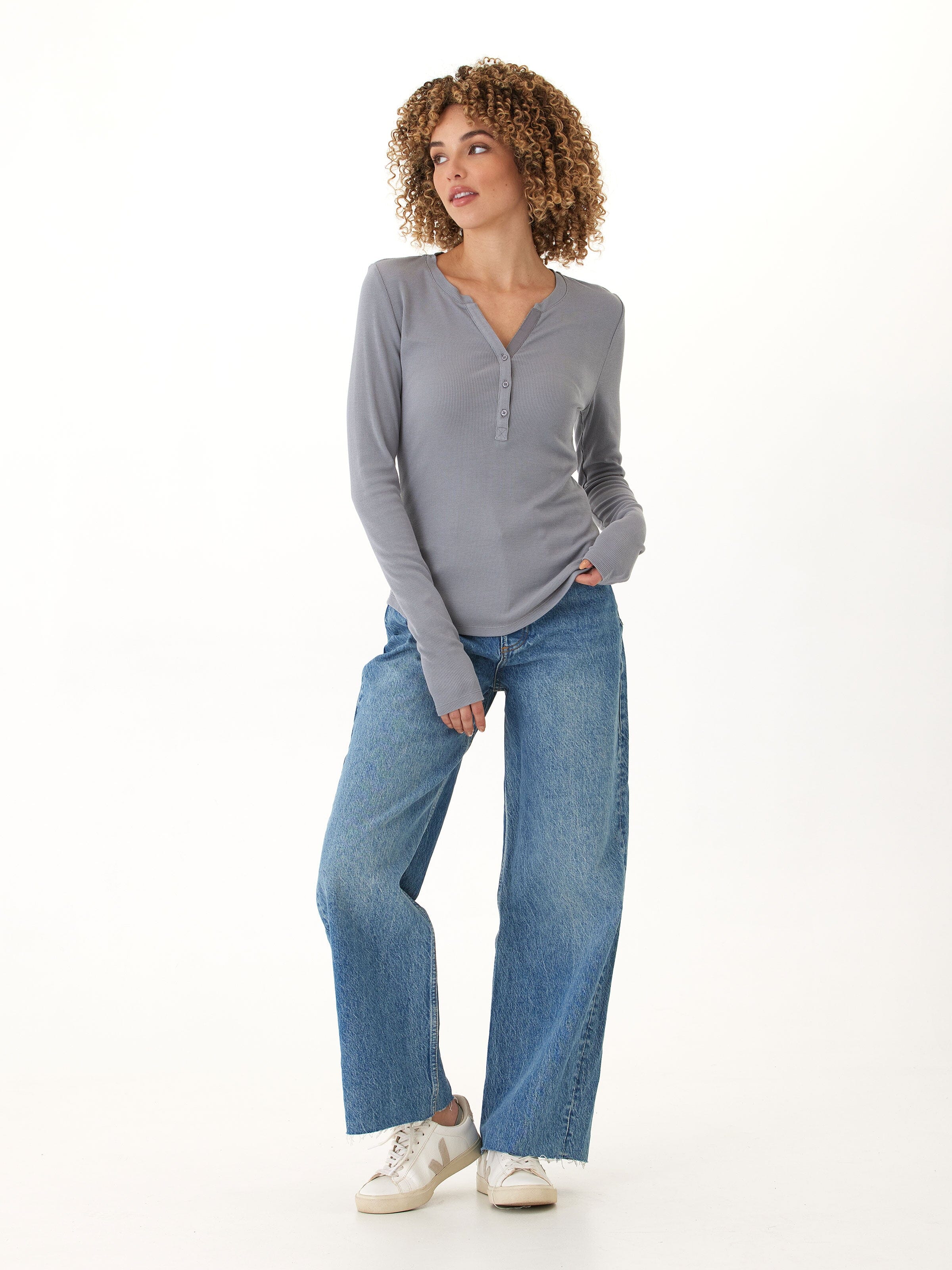 Women’s Feather Rib Long Sleeve Henley in Grey