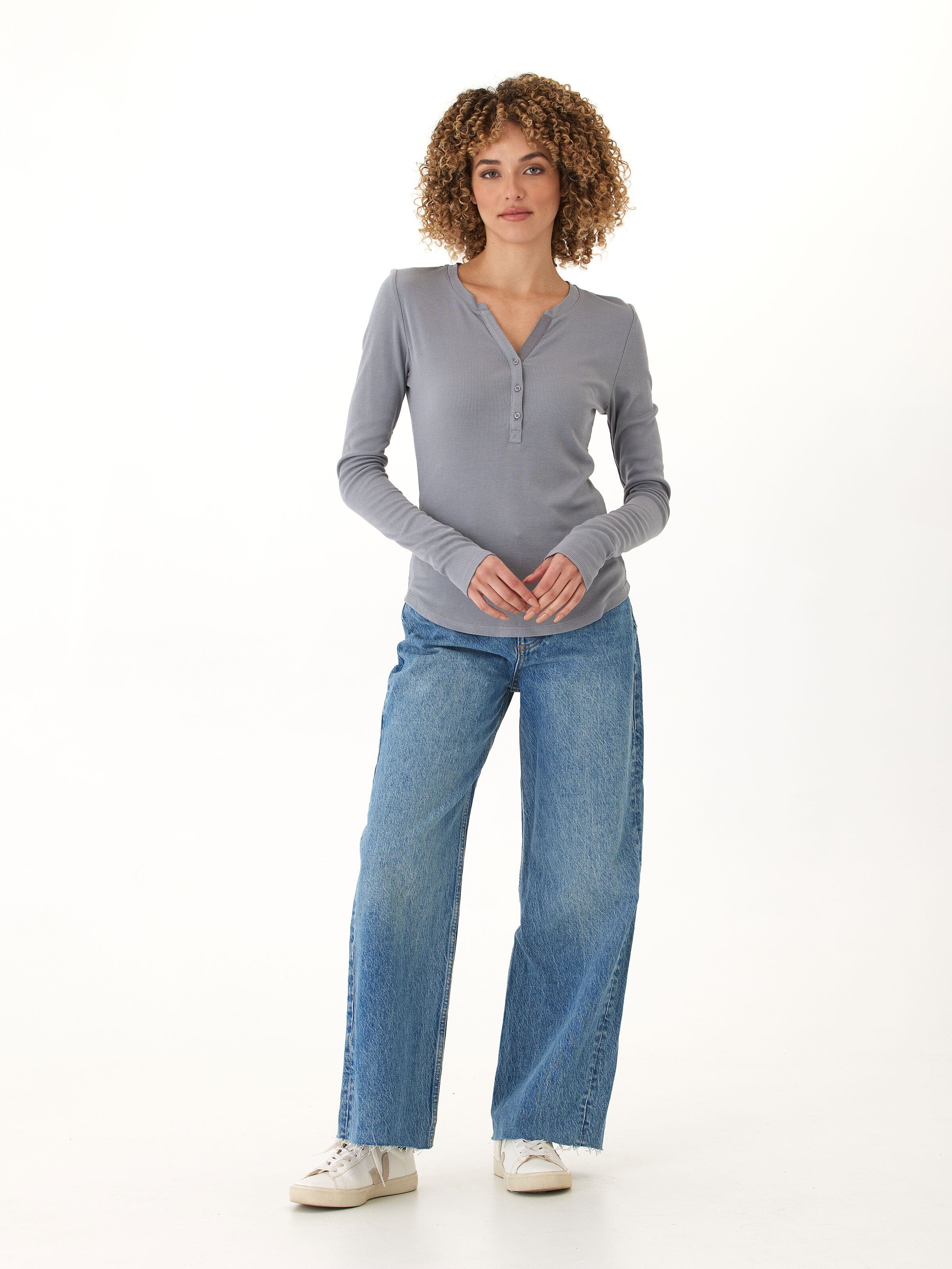 Women’s Feather Rib Long Sleeve Henley in Grey