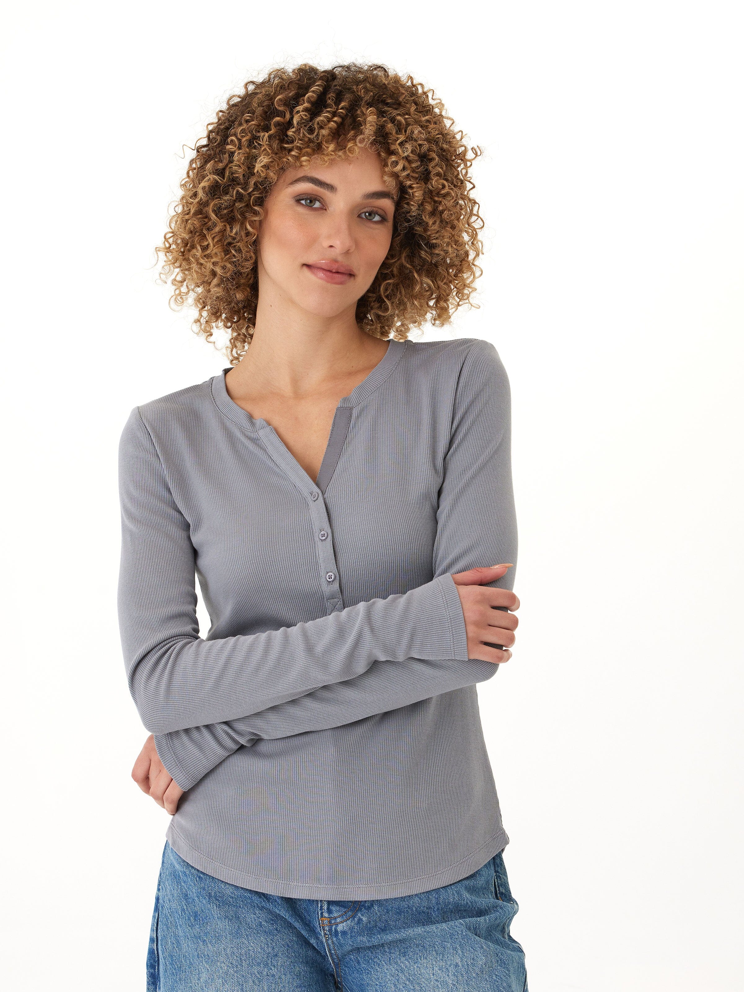 Women’s Feather Rib Long Sleeve Henley in Grey