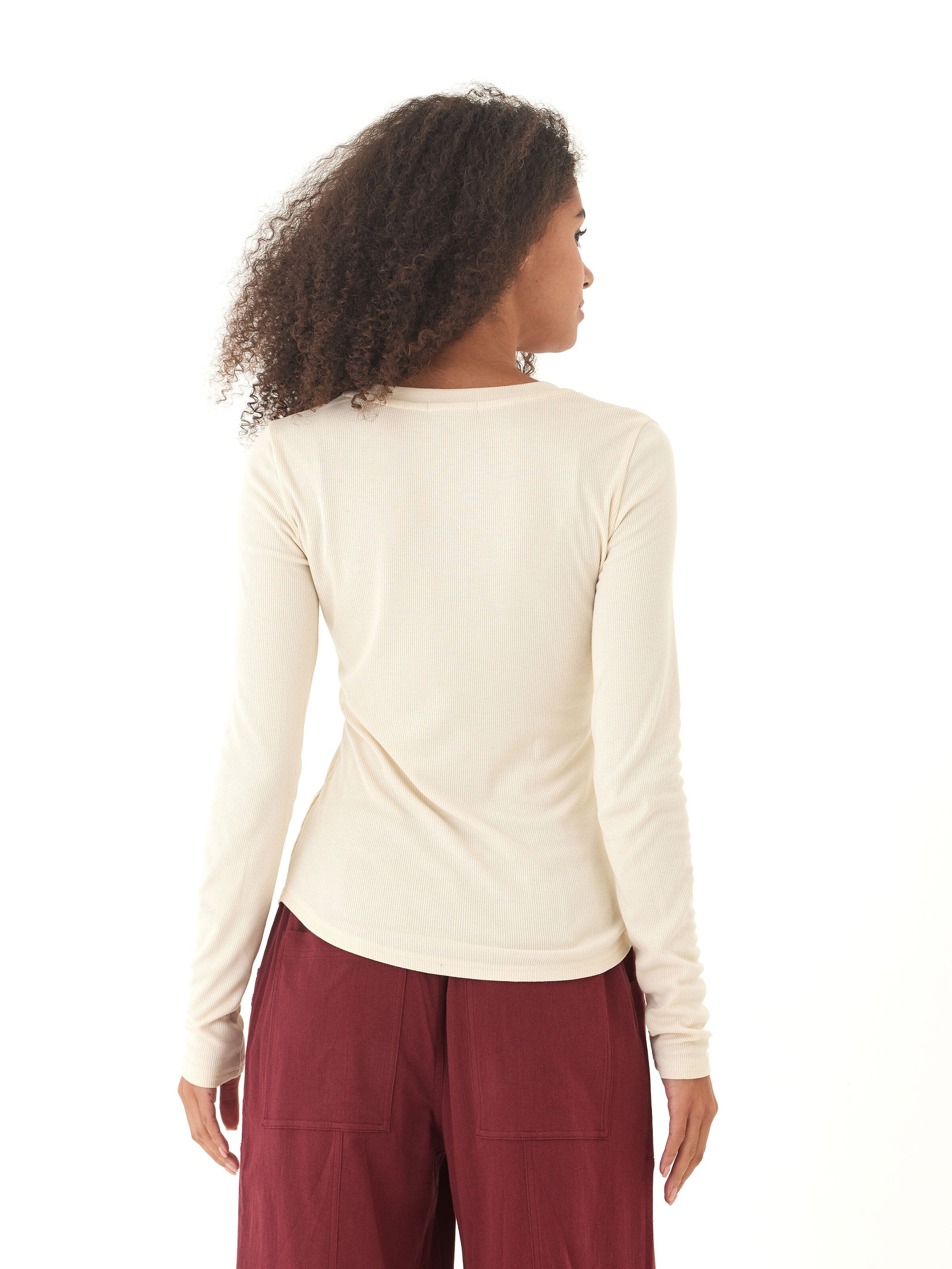 Women's Feather Rib Long Sleeve Henley in Off-White