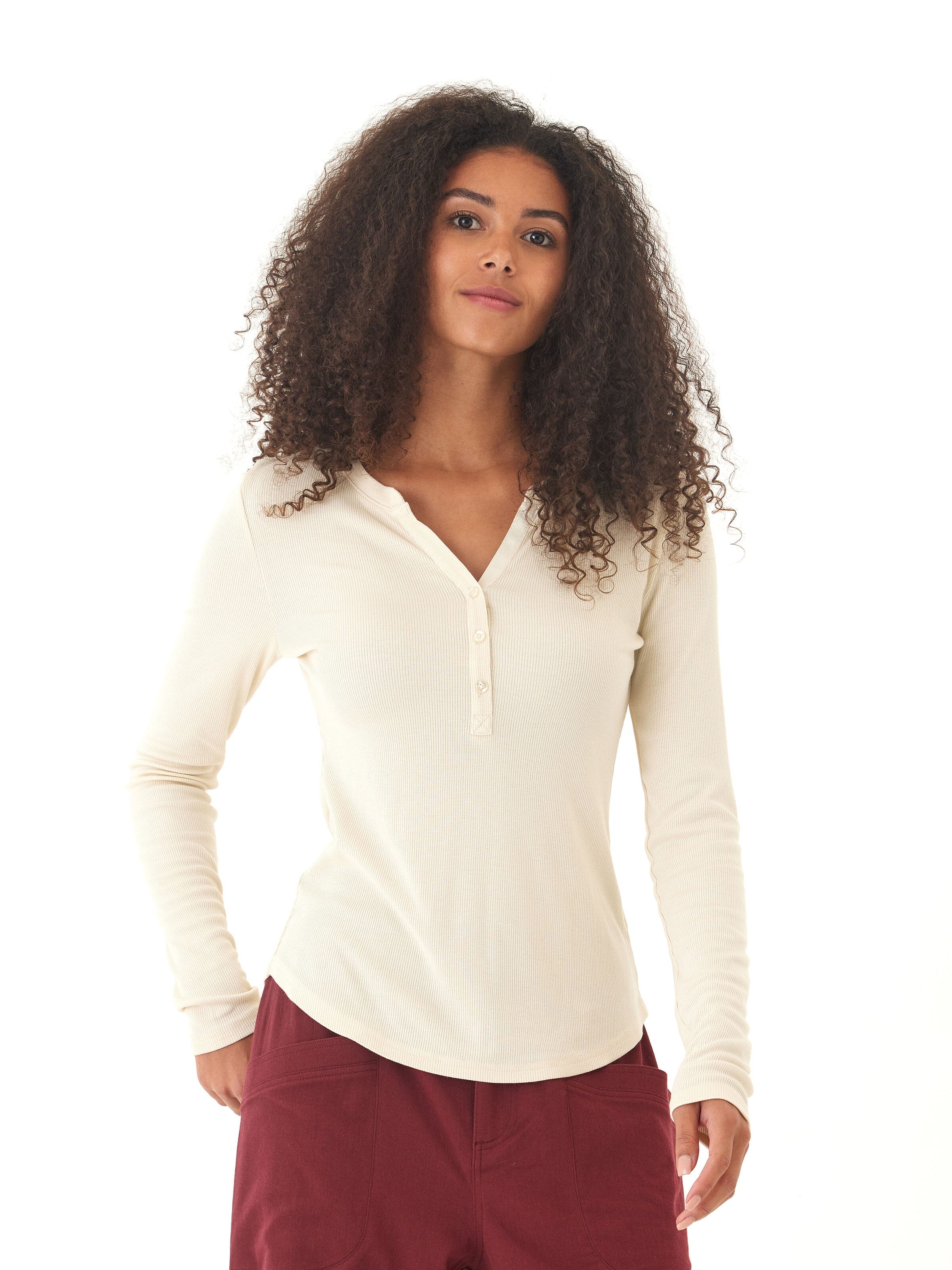 Women's Feather Rib Long Sleeve Henley in Off-White