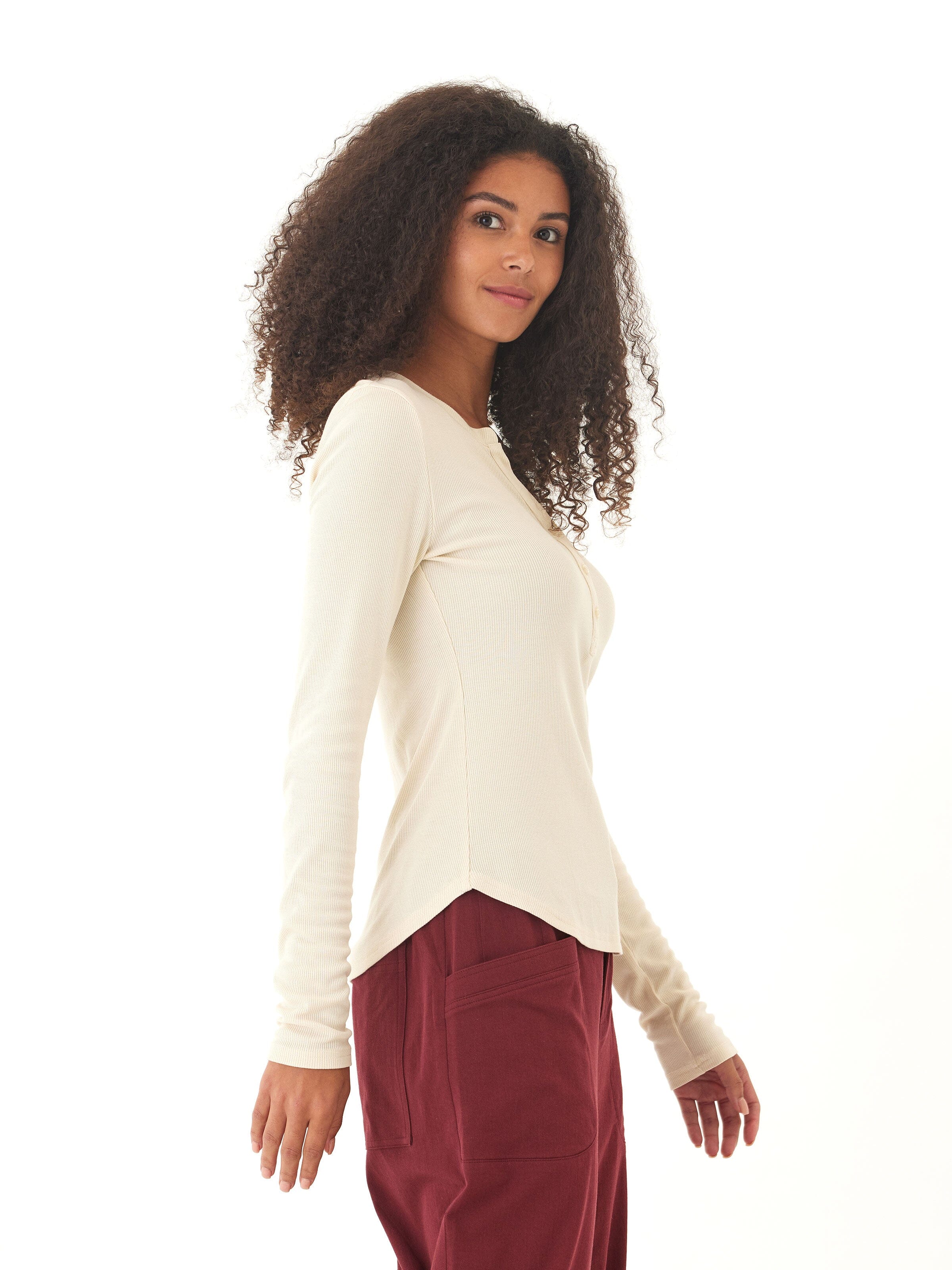 Women's Feather Rib Long Sleeve Henley in Off-White