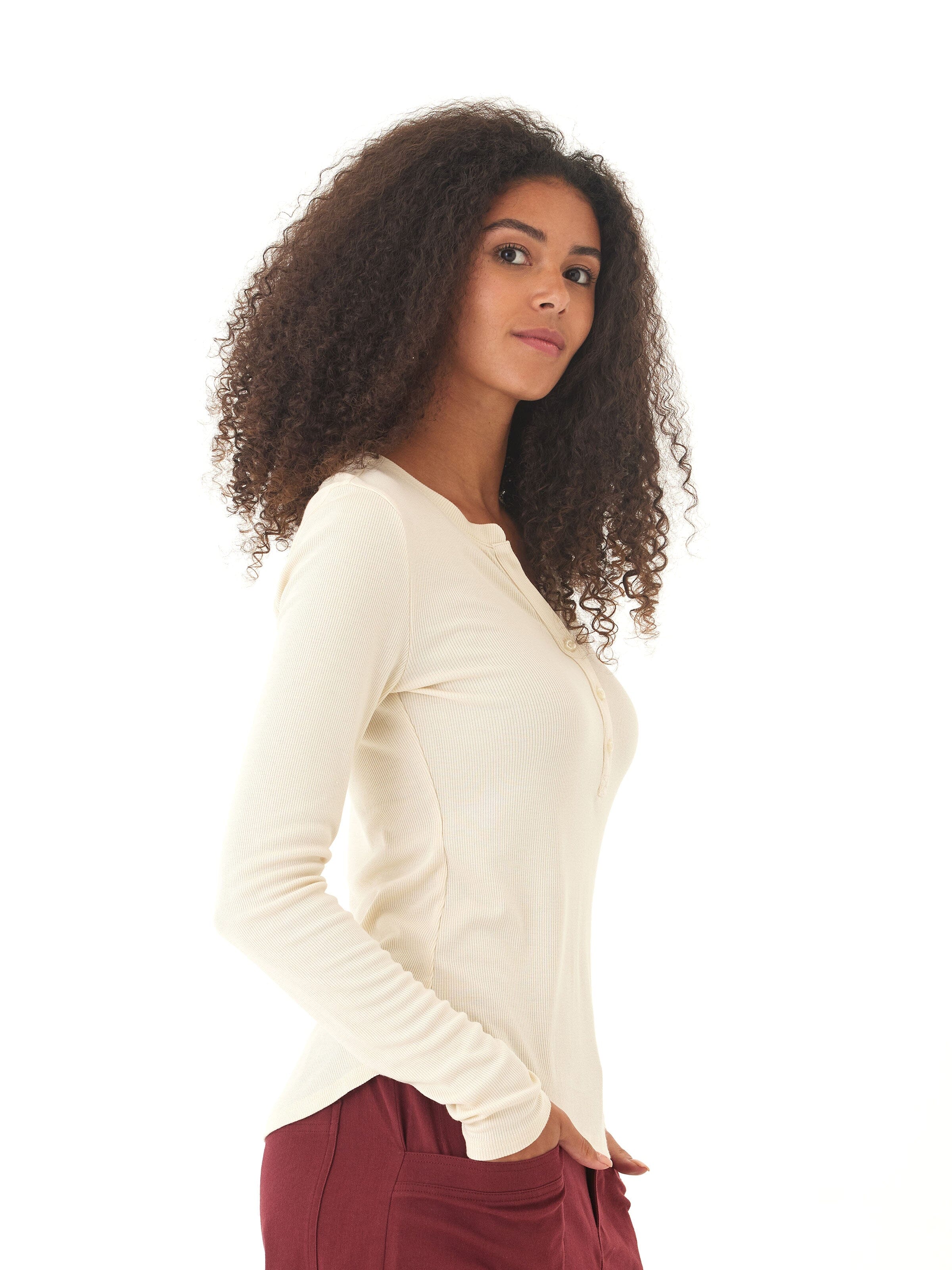 Women's Feather Rib Long Sleeve Henley in Off-White