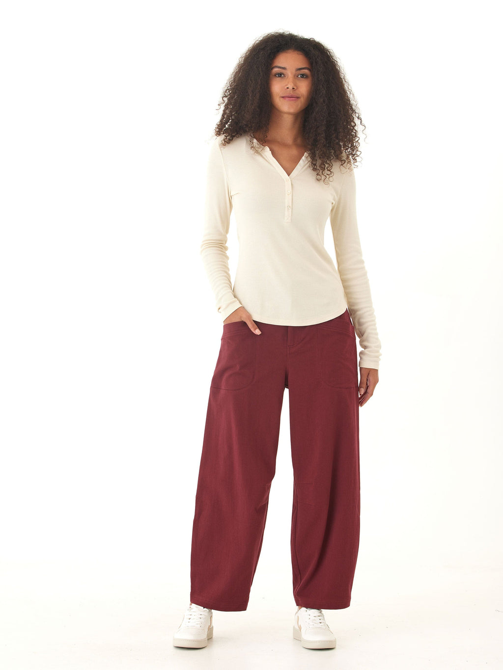 Women's Feather Rib Long Sleeve Henley in Off-White