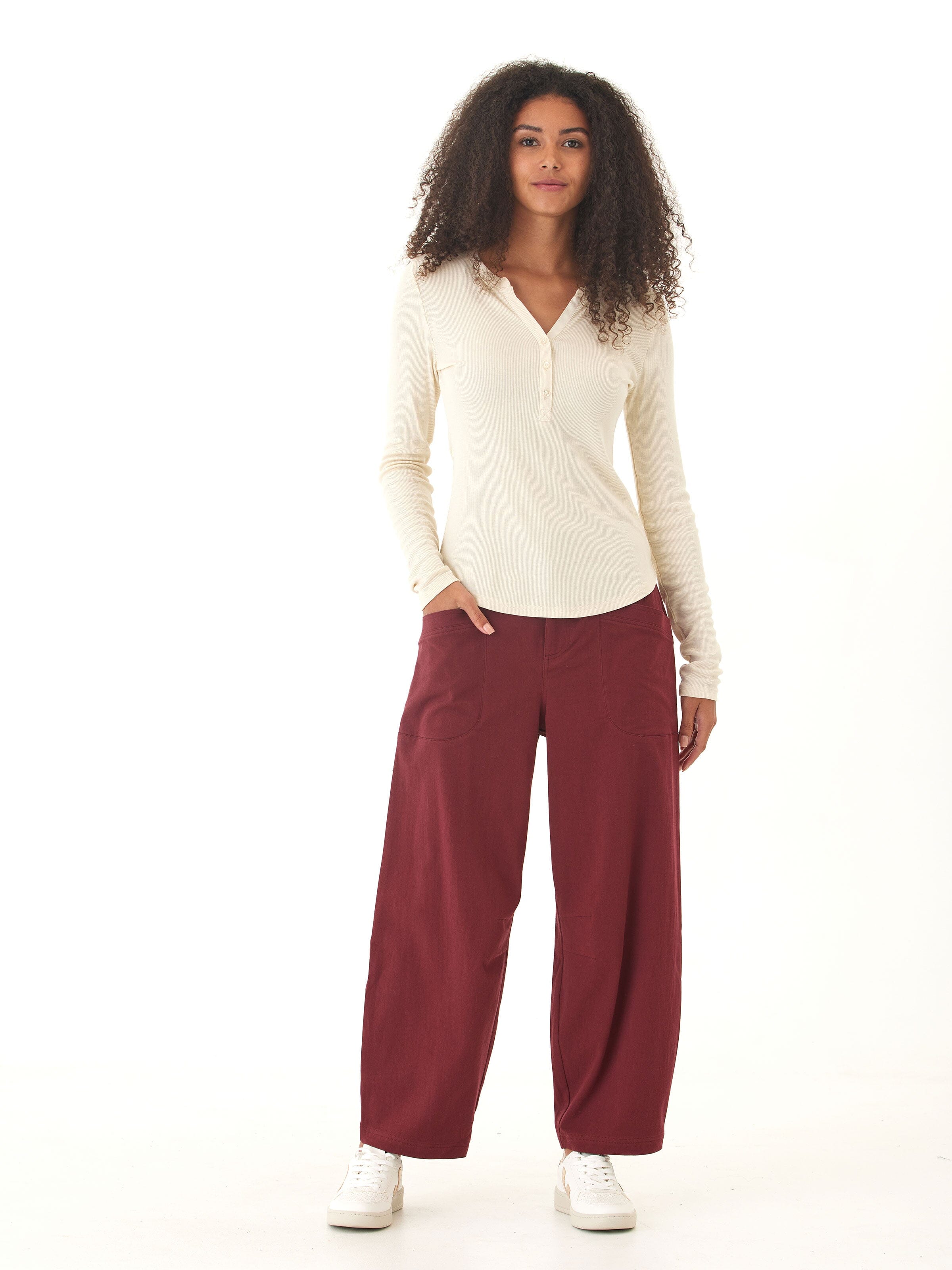 Women's Feather Rib Long Sleeve Henley in Off-White
