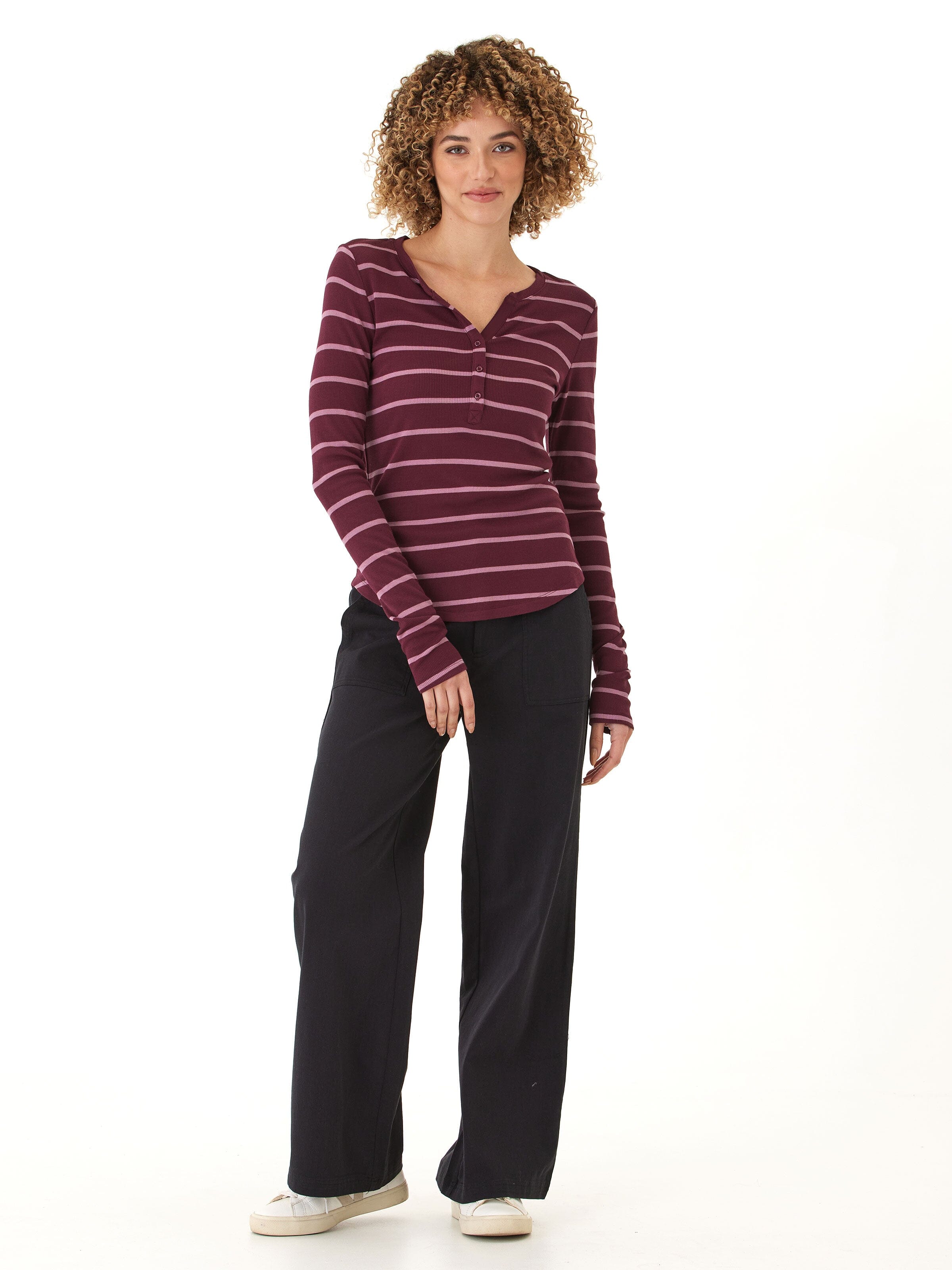 Women's Feather Fleece Long Sleeve Henley - Casual Knit Top