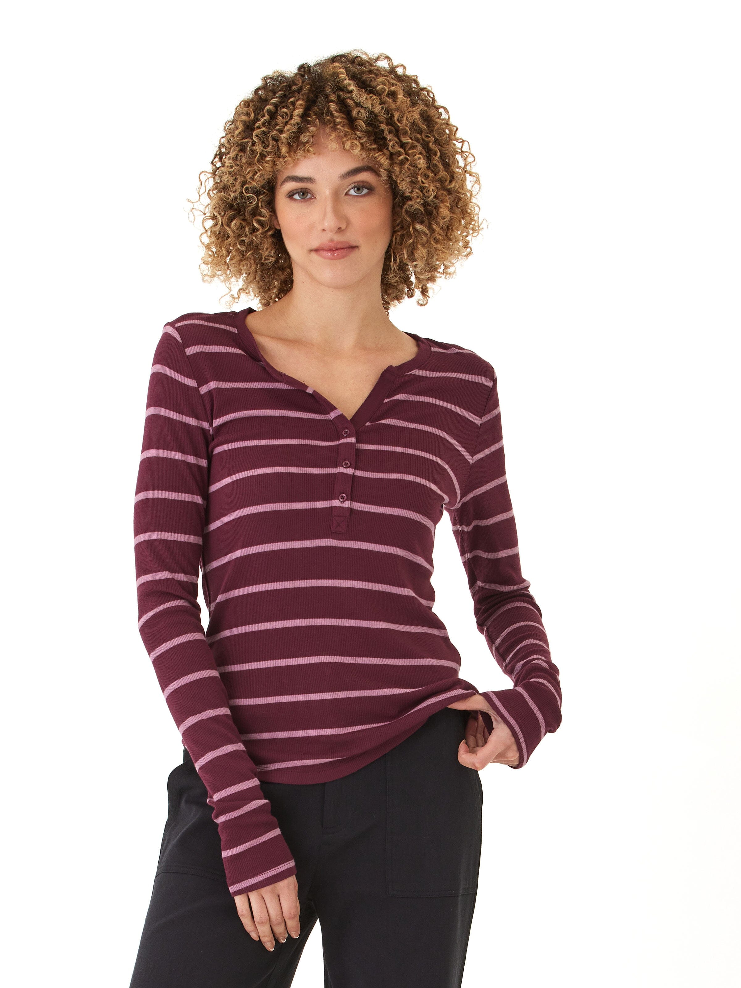 Women's Feather Fleece Long Sleeve Henley - Casual Knit Top
