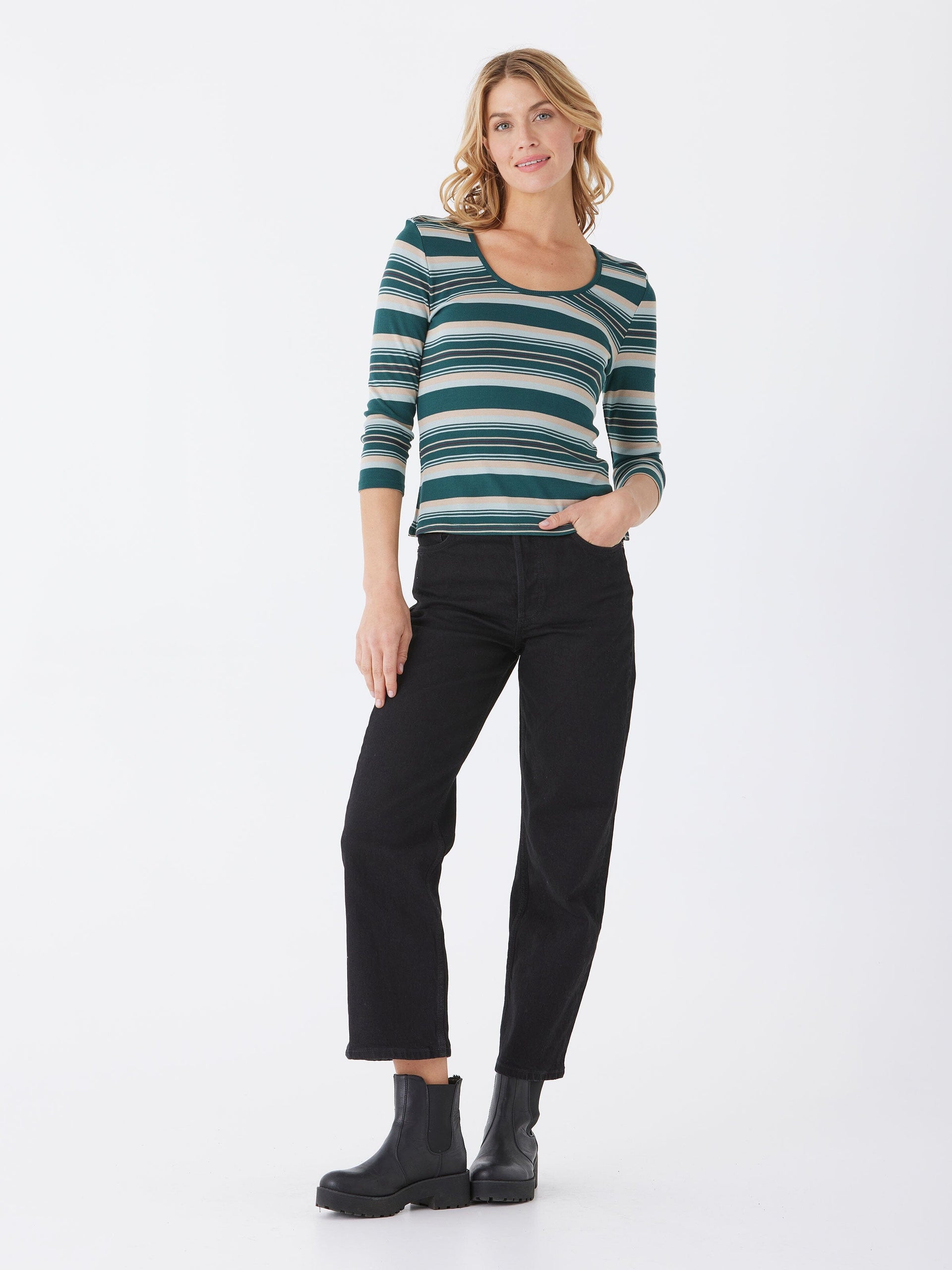 Yukon Stripe Feather Rib 3/4-Sleeve Scoop Neck Fitted Tee