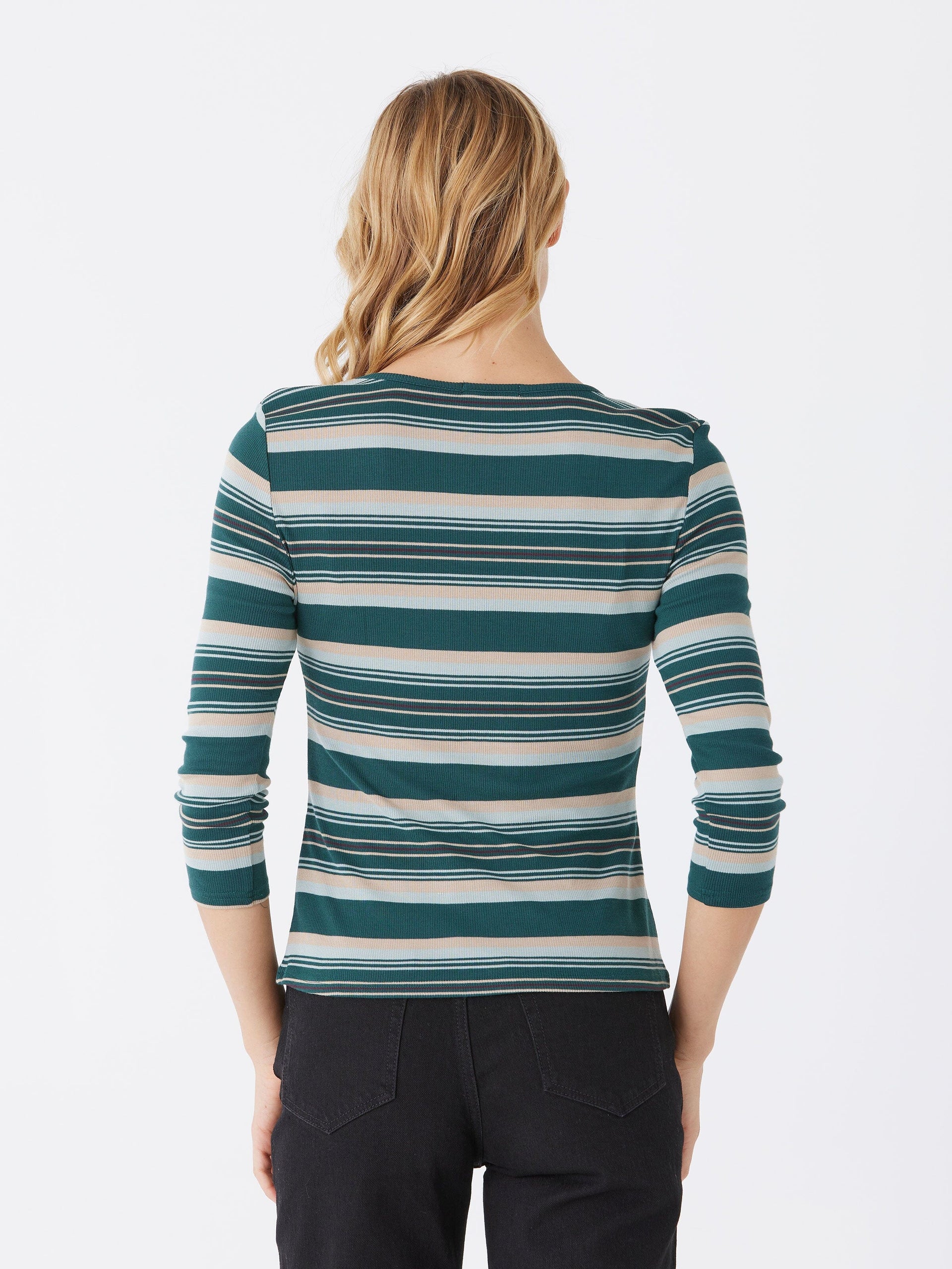 Yukon Stripe Feather Rib 3/4-Sleeve Scoop Neck Fitted Tee
