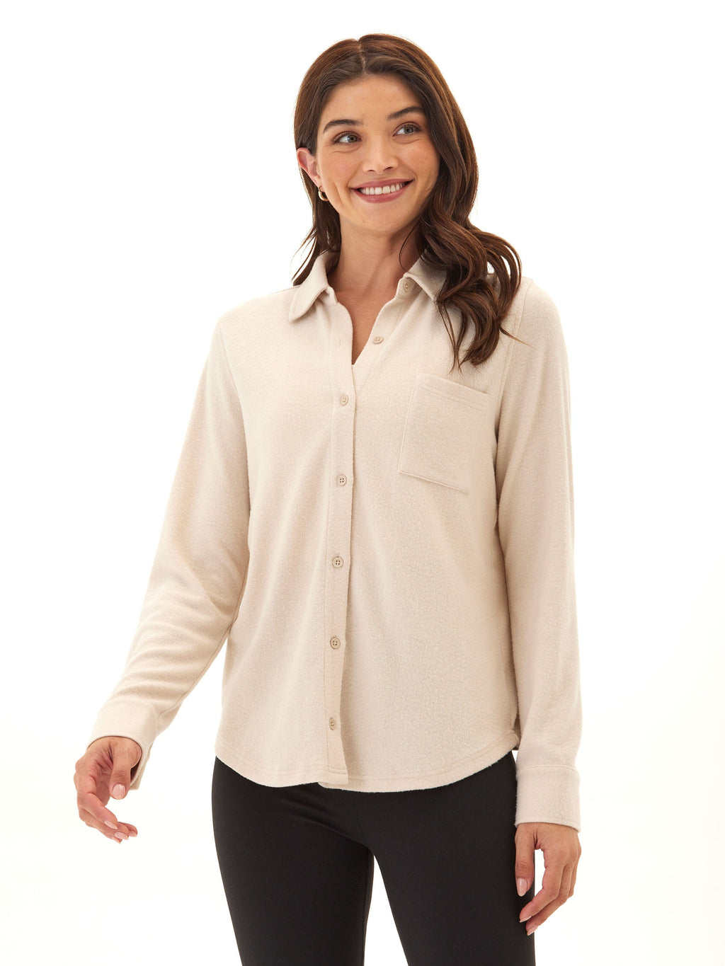 Beige and Cream Knit Fleece Button-Up Shirt for Women