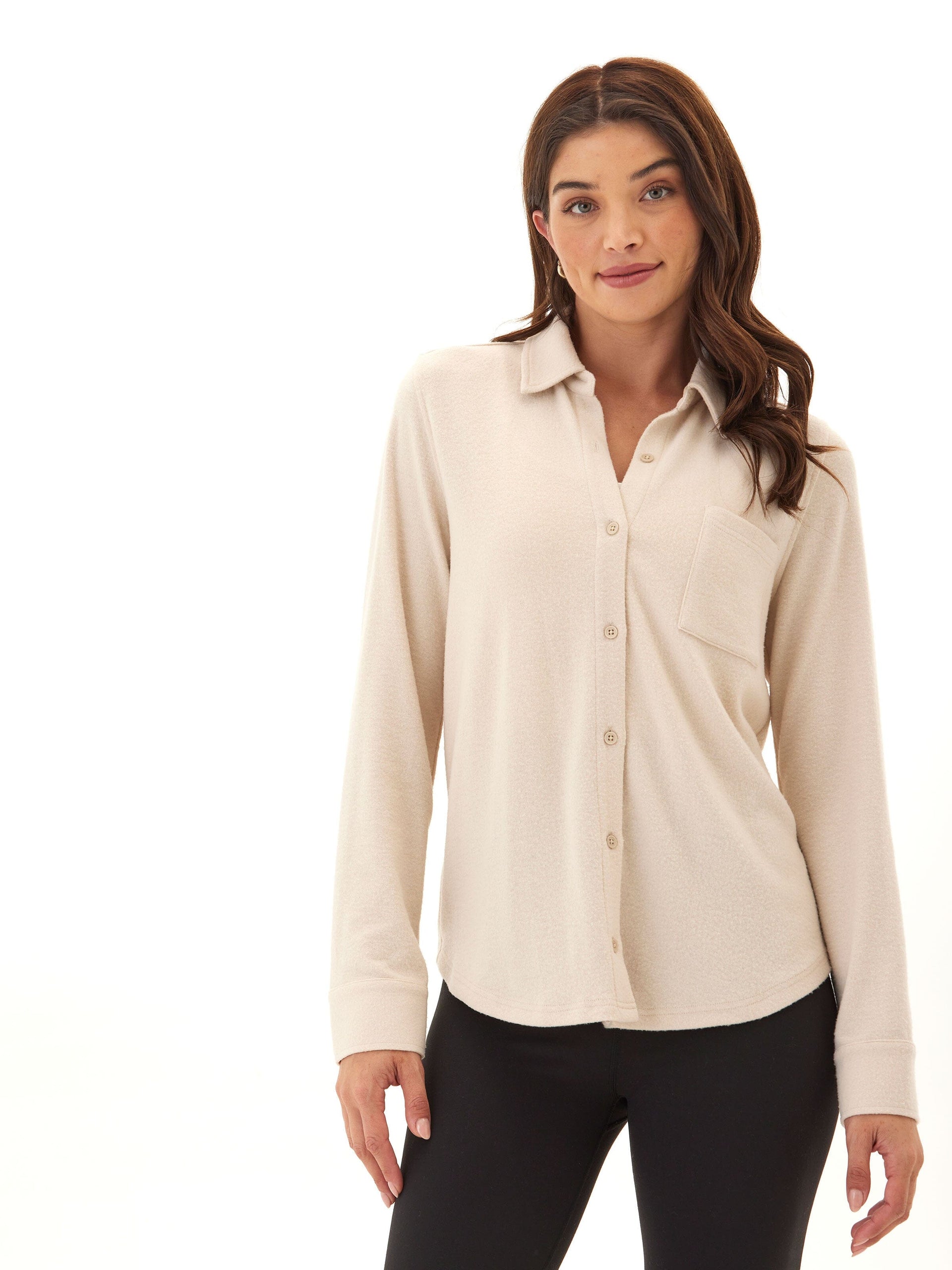 Beige and Cream Knit Fleece Button-Up Shirt for Women