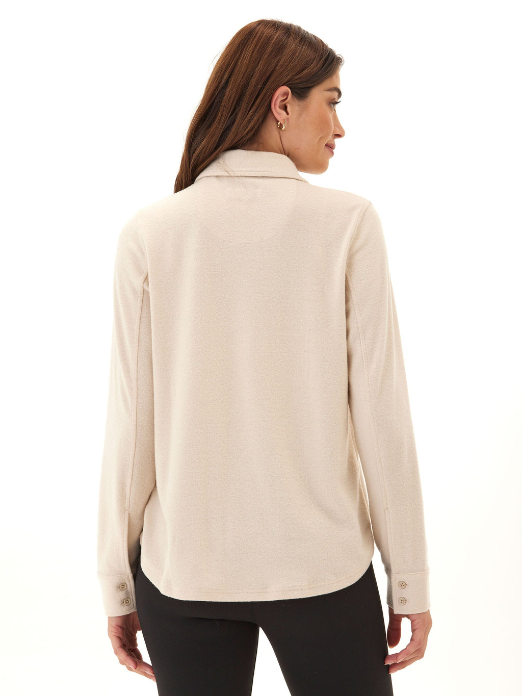 Beige and Cream Knit Fleece Button-Up Shirt for Women