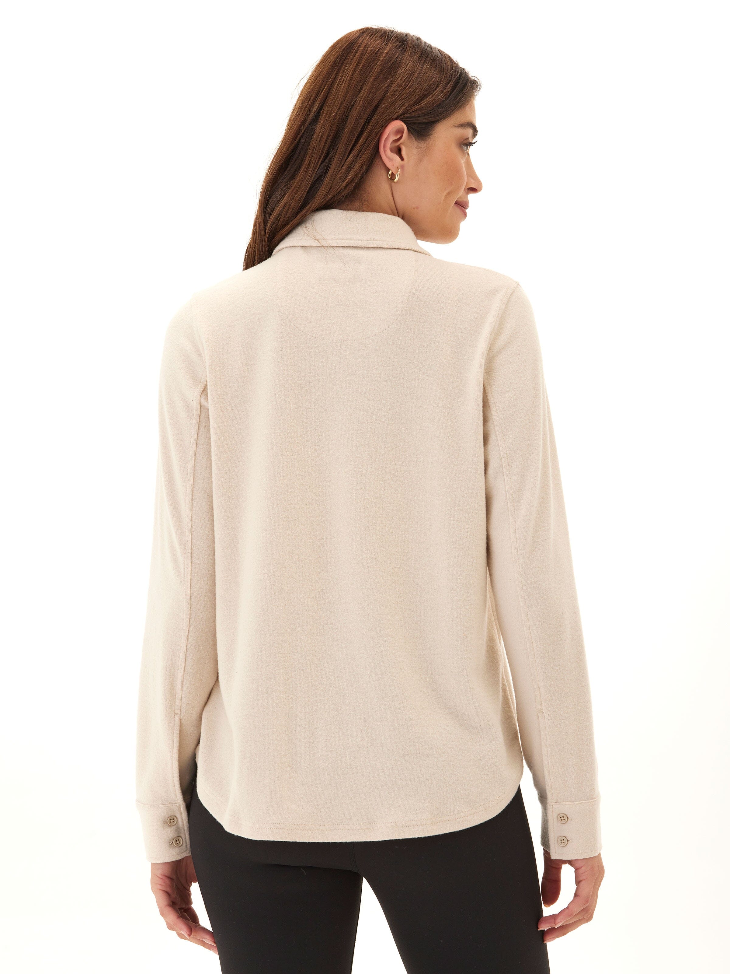Beige and Cream Knit Fleece Button-Up Shirt for Women
