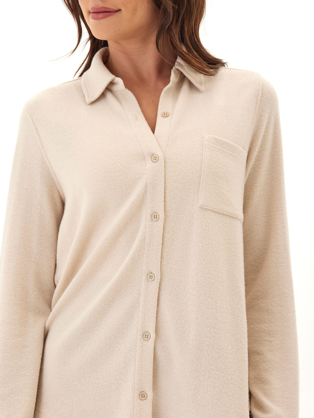 Beige and Cream Knit Fleece Button-Up Shirt for Women