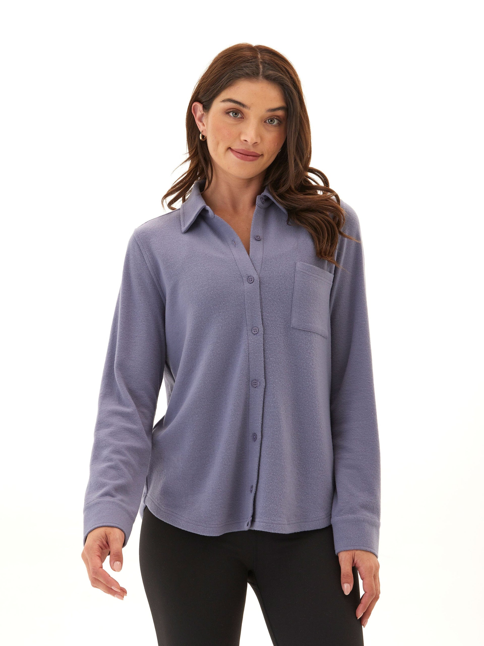 Kandyce Women’s Relaxed Knit Fleece Button-Up in Periwinkle Blue