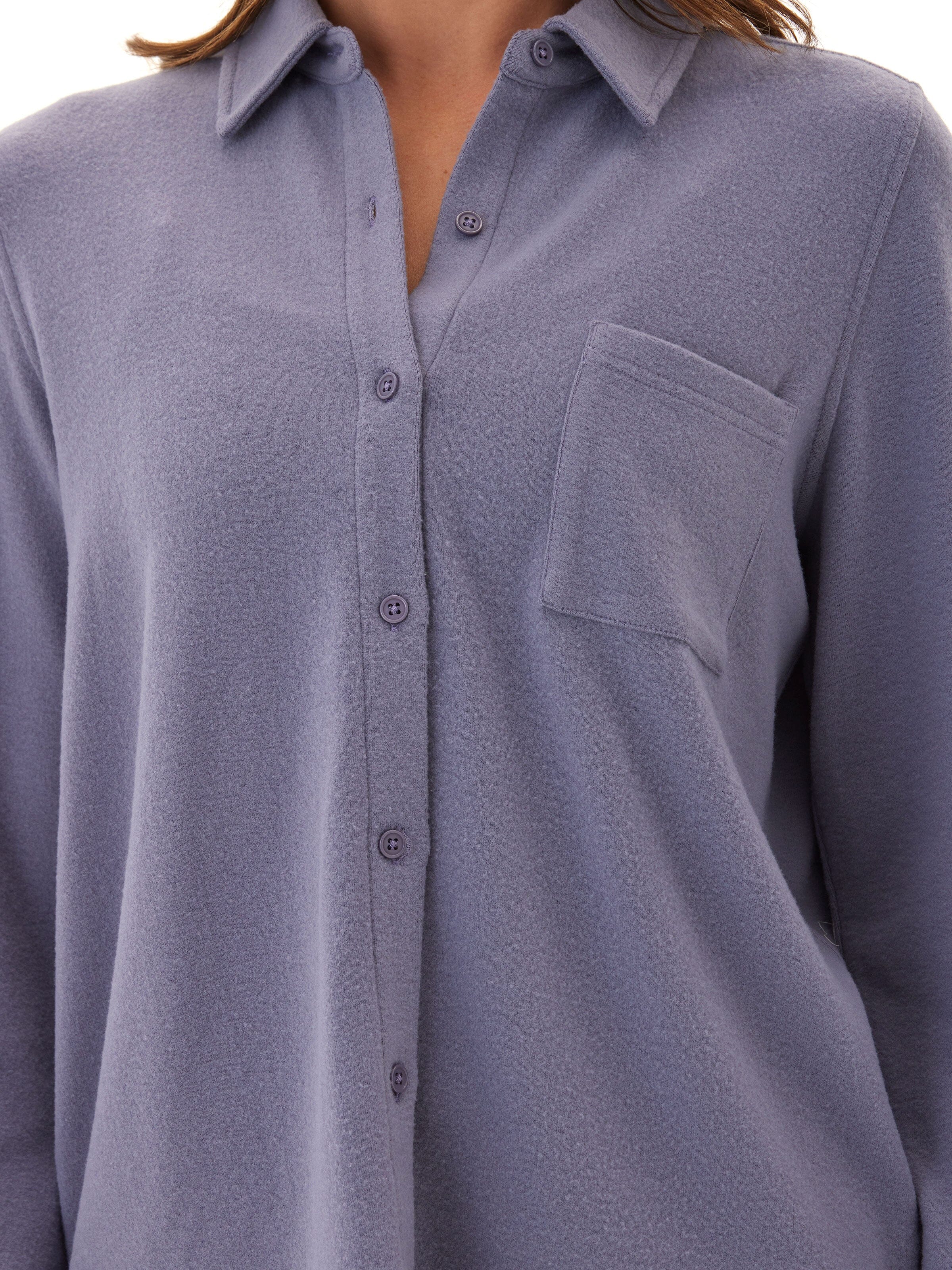 Kandyce Women’s Relaxed Knit Fleece Button-Up in Periwinkle Blue