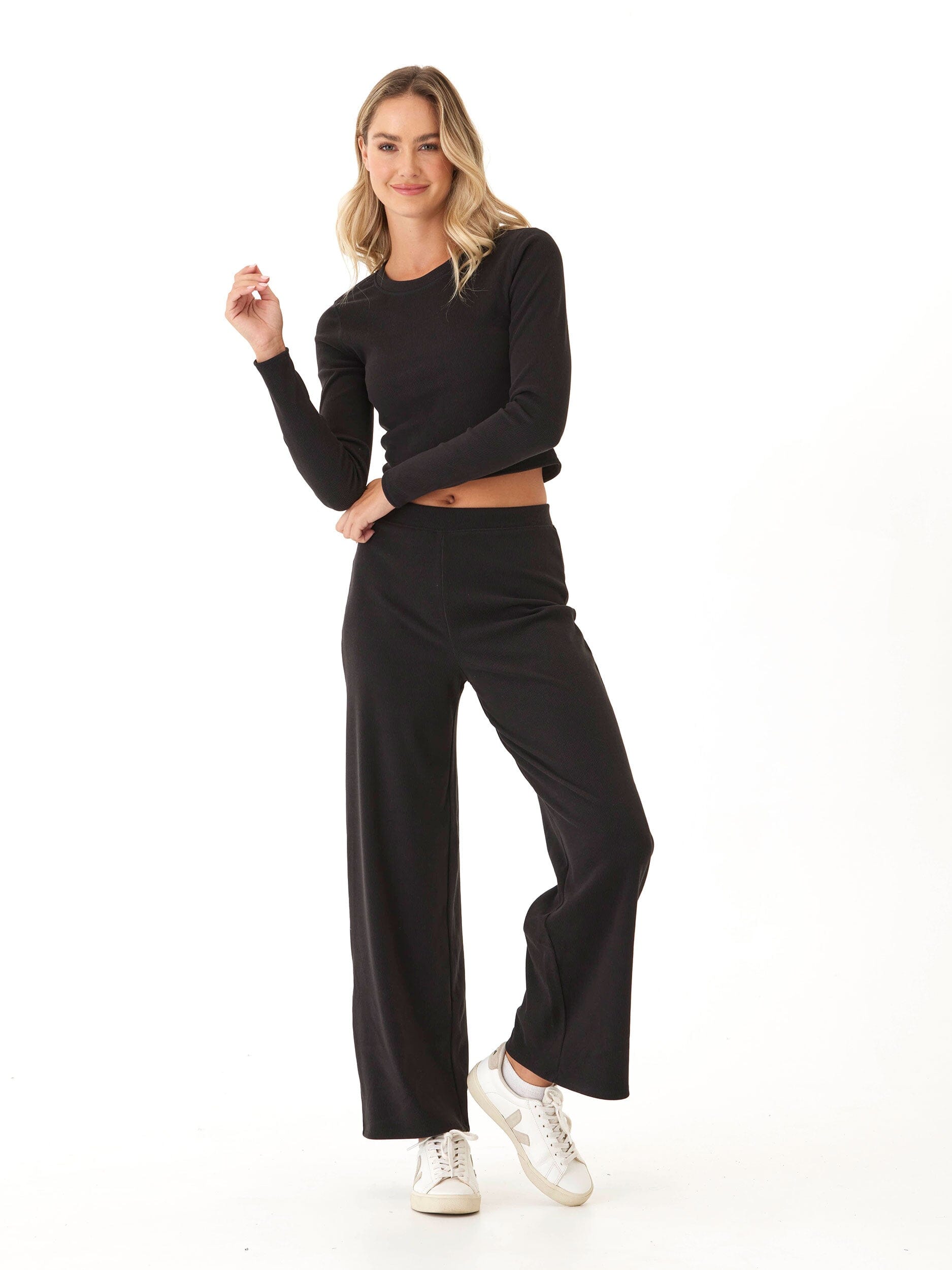 Pramila Brushed Performance Rib Long Sleeve Top in Black