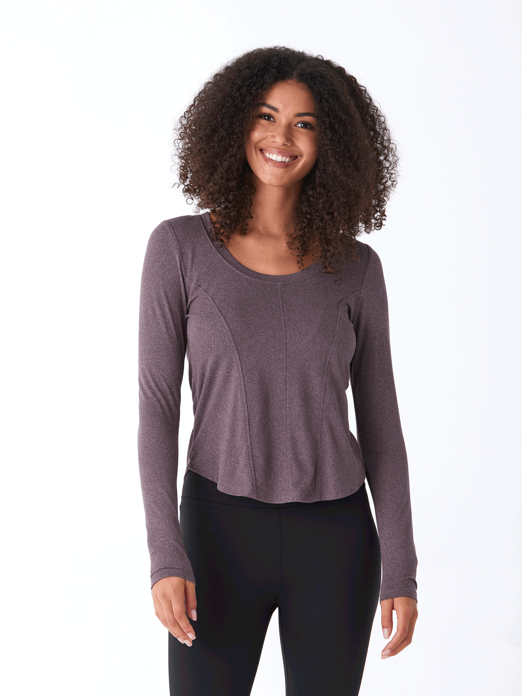 Women wearing purple Kellie Heather Luxe Jersey Seam Detail Top with visible seam stitching