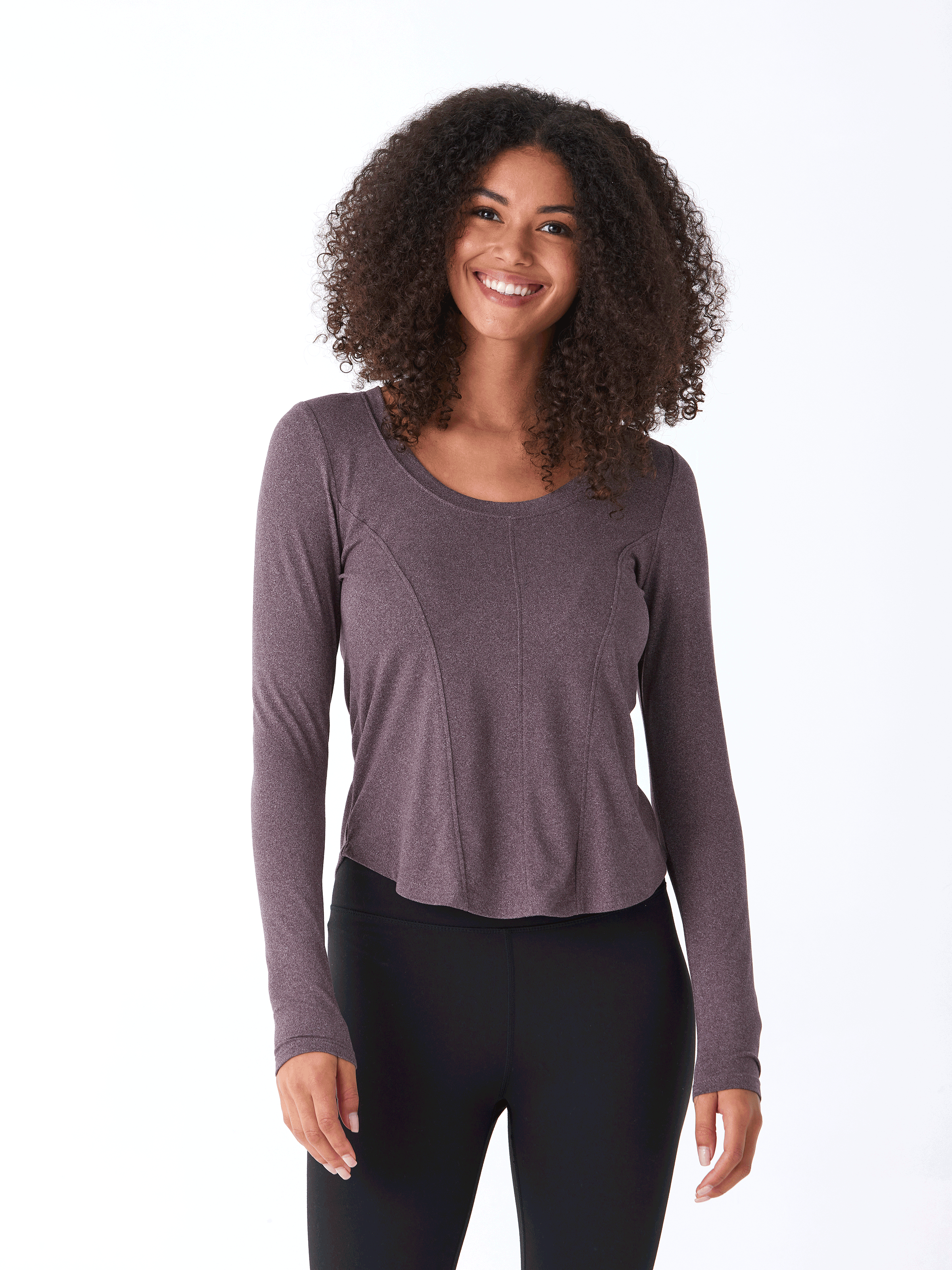 Women wearing purple Kellie Heather Luxe Jersey Seam Detail Top with visible seam stitching