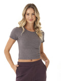 Women wearing a fitted Core Luxe Jersey Crew Neck Tee in charcoal, showcasing a minimalist aesthetic.