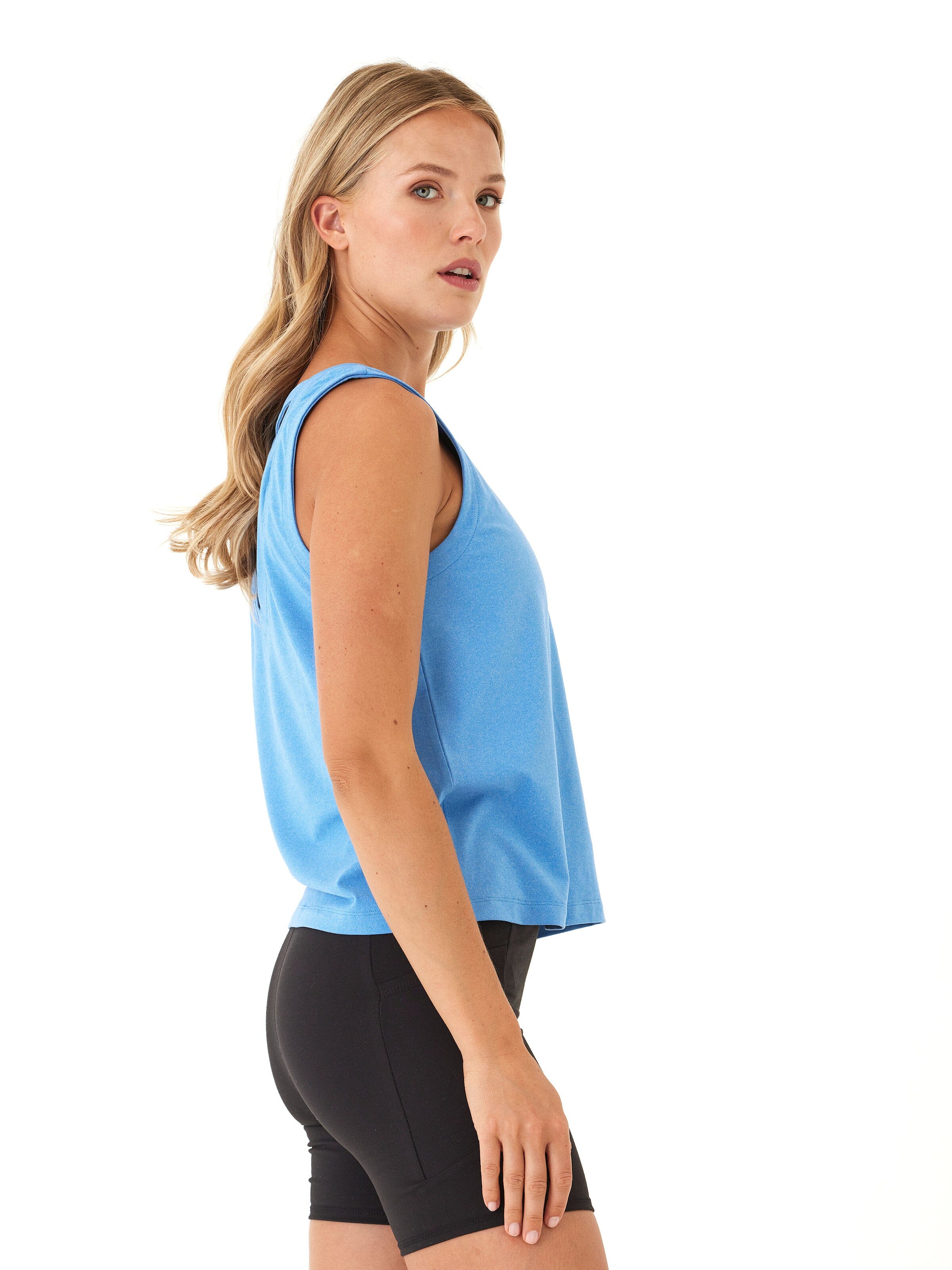 Kristie Criss Cross Back Heather Luxe Jersey Tank Top - Blue