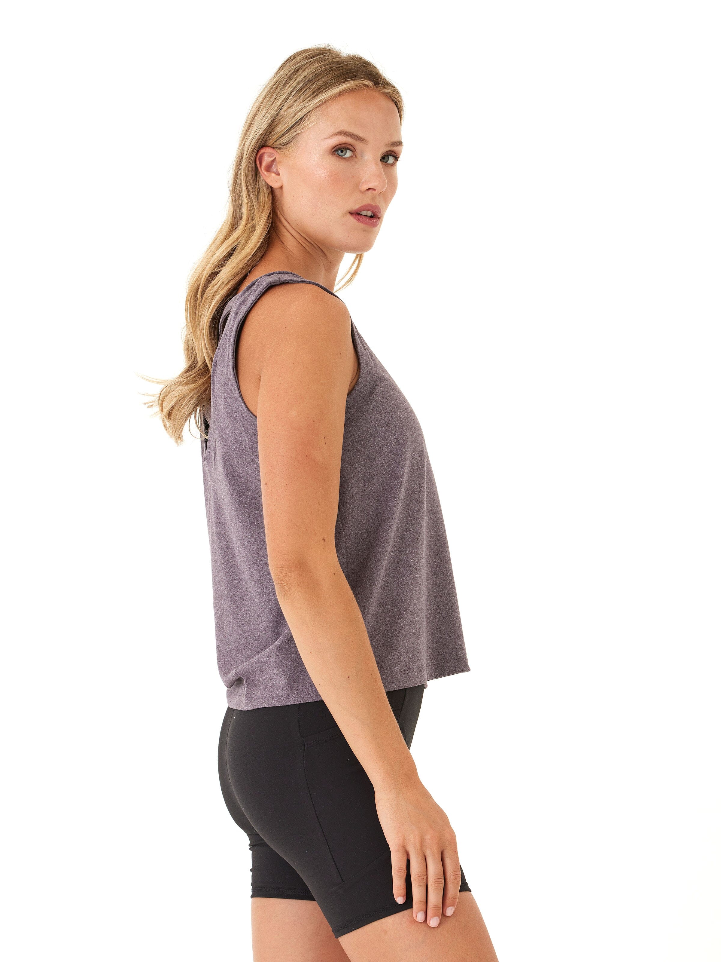 Kristie Criss Cross Heather Purple Luxe Jersey Tank Top