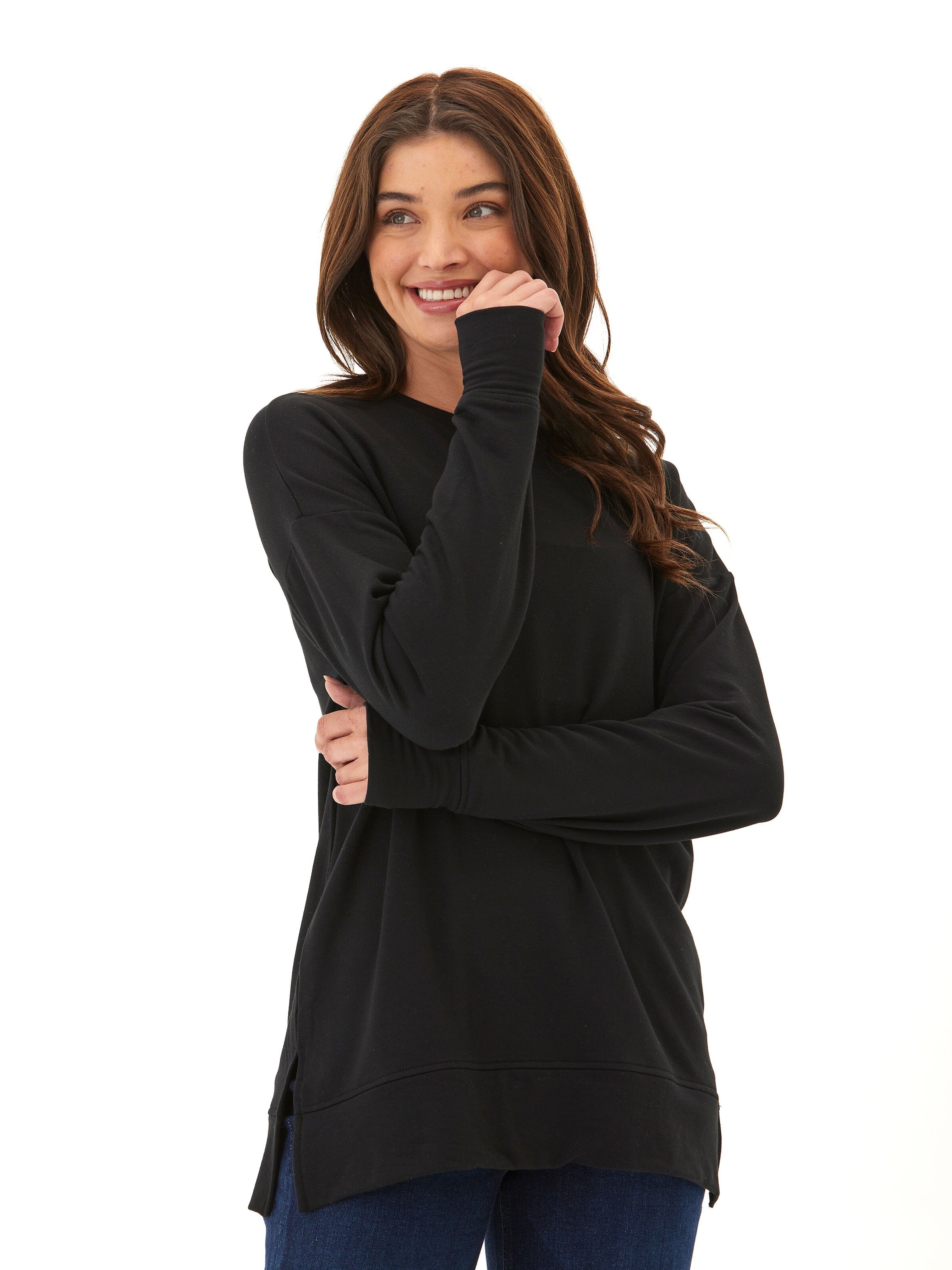 Mariah Modal Terry Tunic Top in a relaxed fit with drop shoulders and thumbhole details