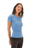 Close up of the Mariella Heather Luxe Rib Tee in blue featuring a soft ribbed texture and comfortable fit.