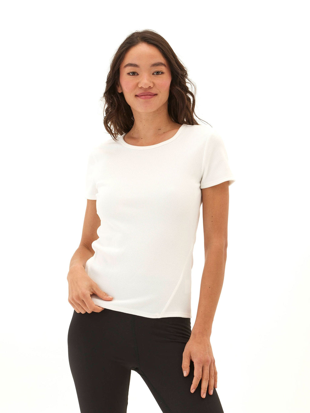 Close-up view of the Mariella Heather Luxe Rib Tee showcasing the premium ribbed fabric texture and fit.