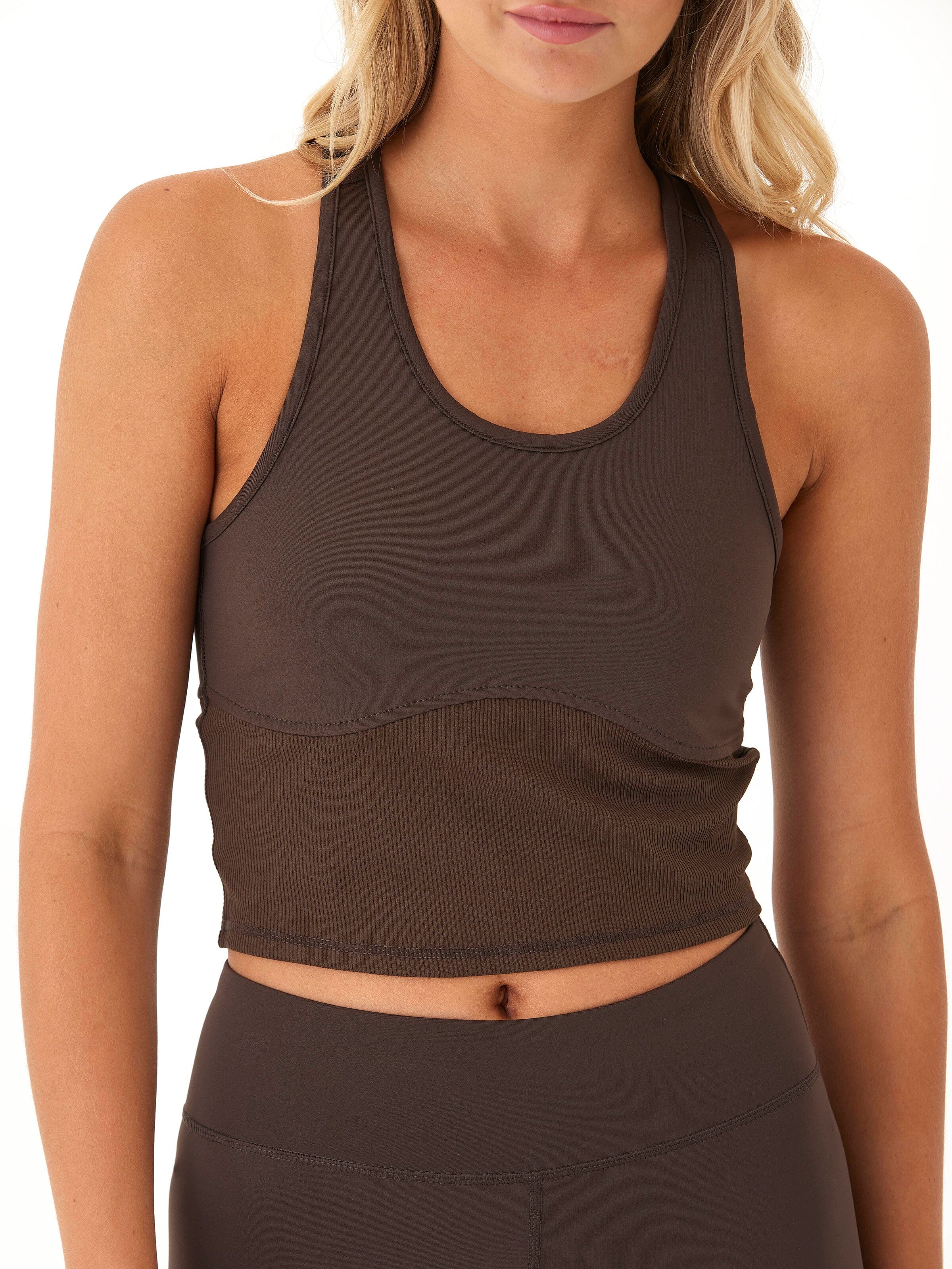 Adria Rib Mix Performance Tank - Minimalist Dark Brown Workout Top