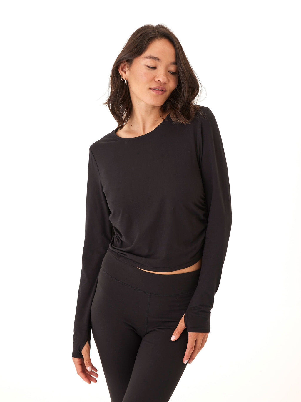 Black Ruched Long Sleeve Crew Neck Cropped Top with Thumbholes