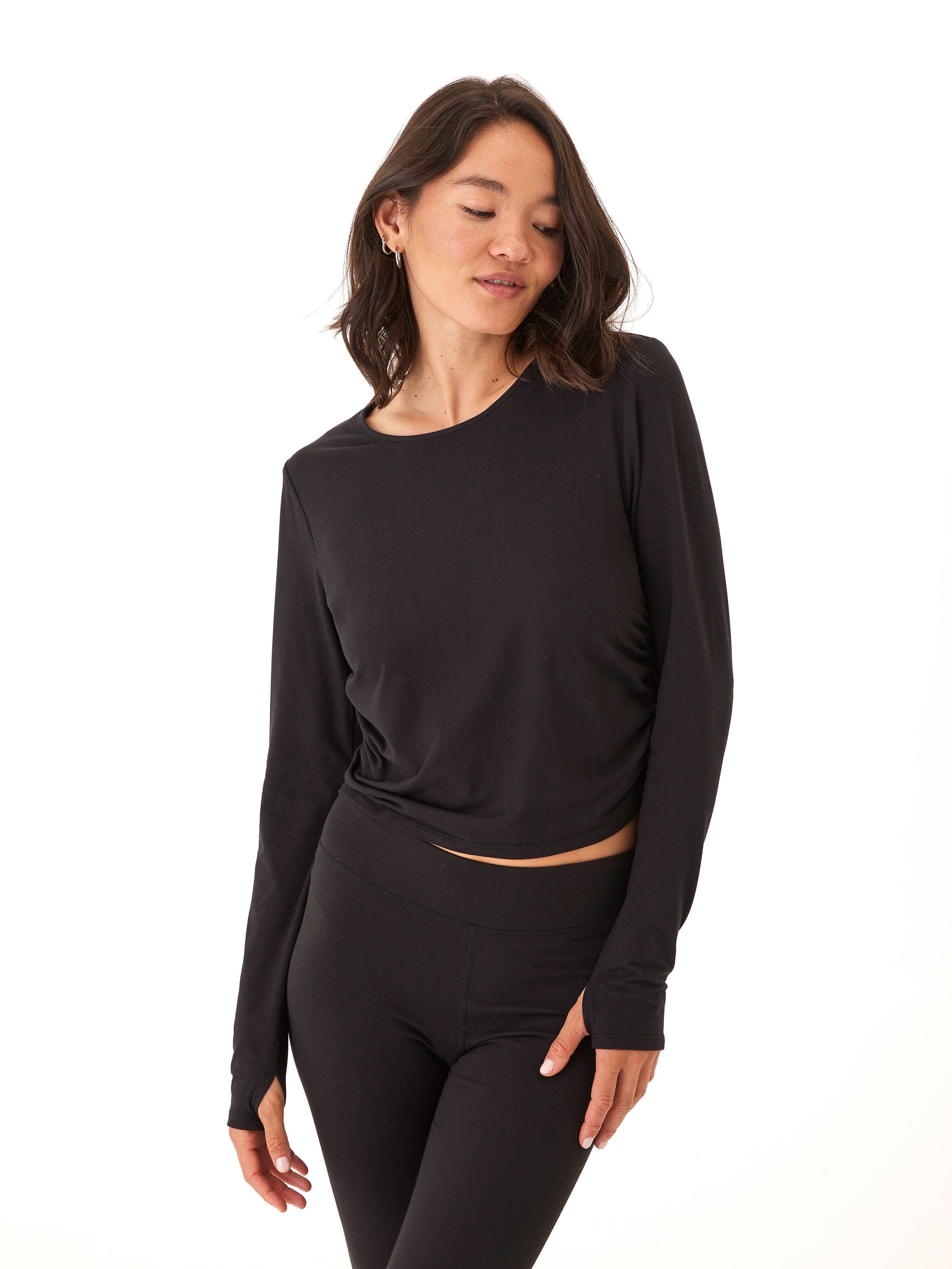 Black Ruched Long Sleeve Crew Neck Cropped Top with Thumbholes