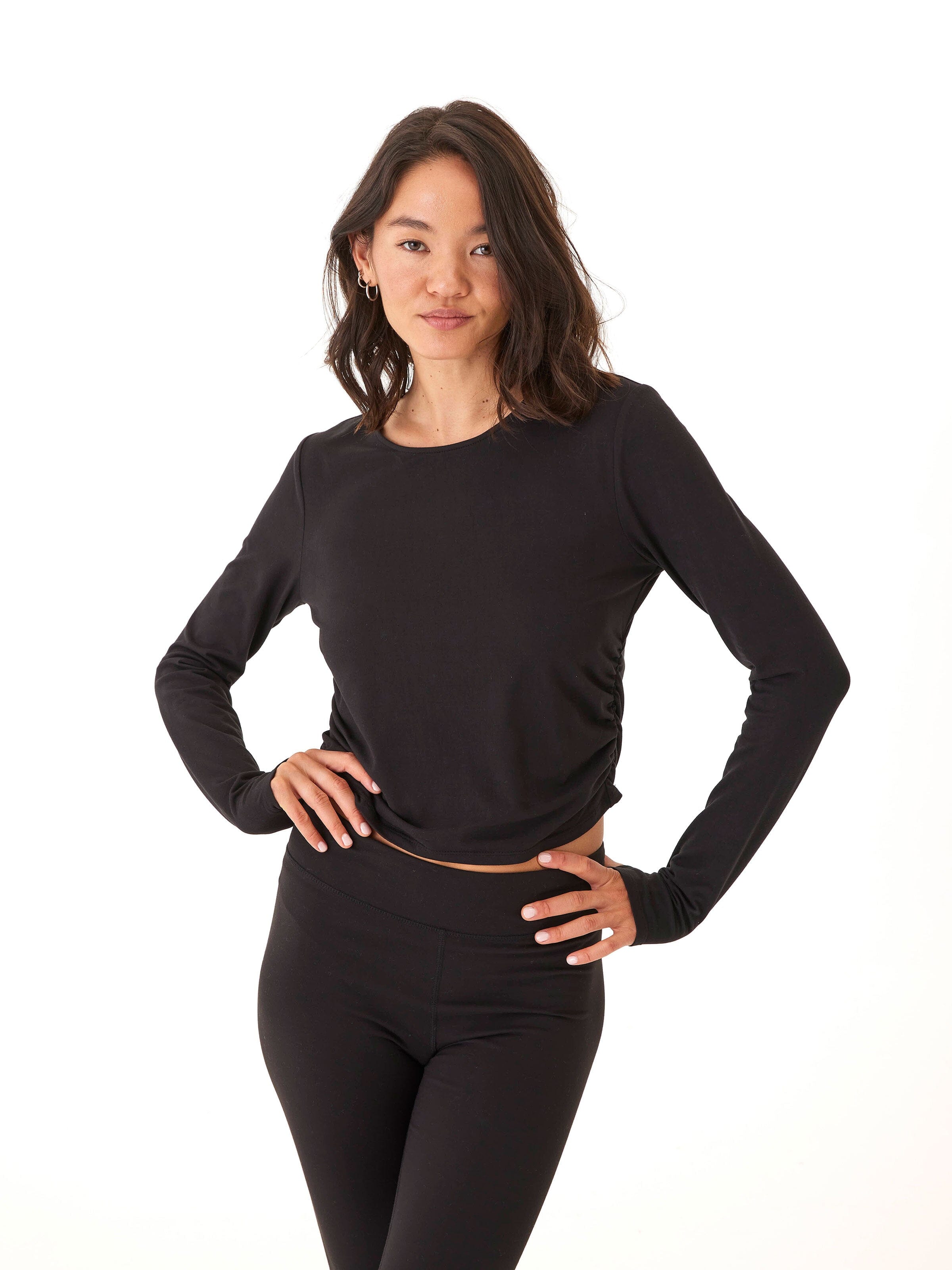 Black Ruched Long Sleeve Crew Neck Cropped Top with Thumbholes