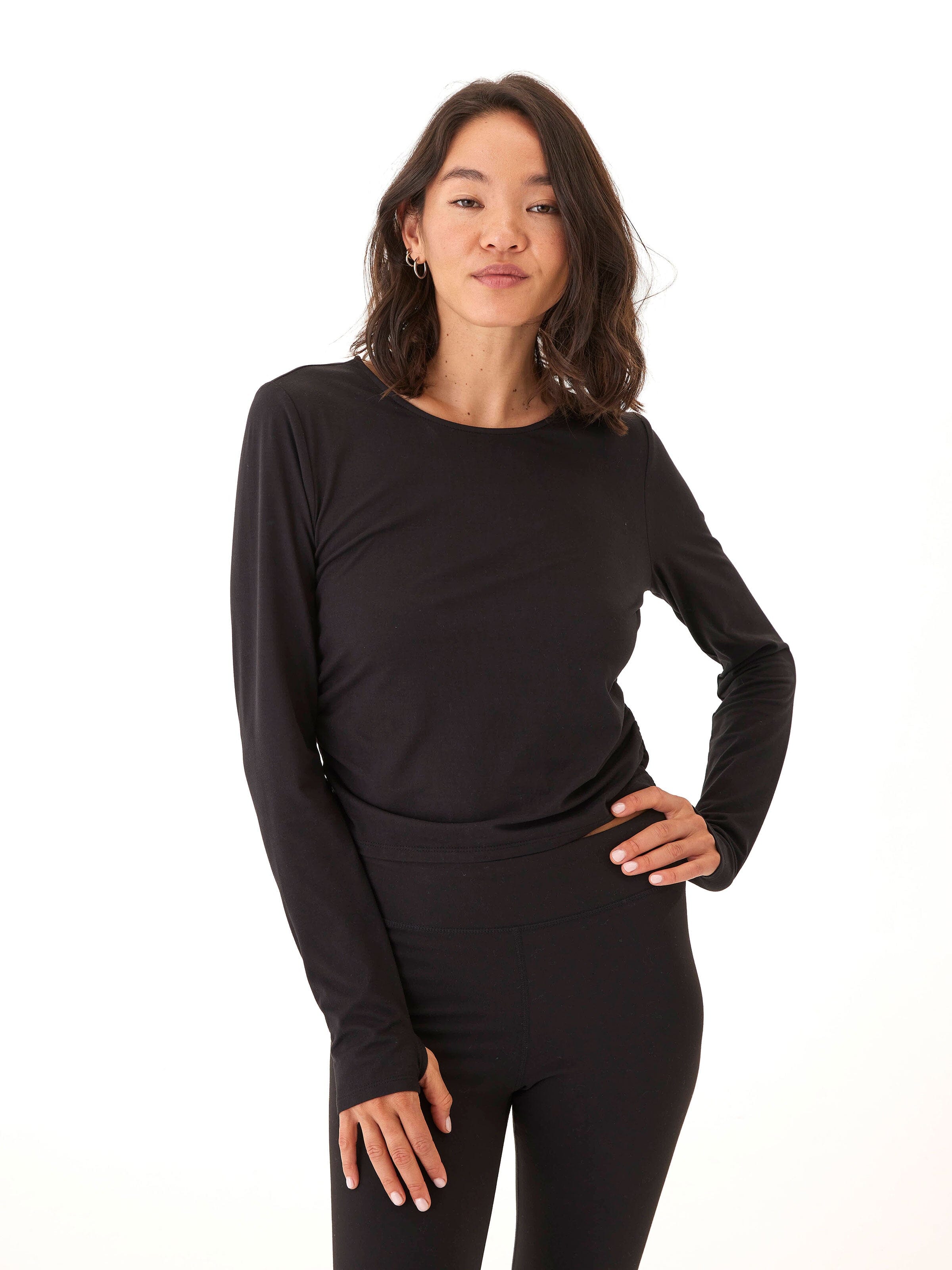 Black Ruched Long Sleeve Crew Neck Cropped Top with Thumbholes