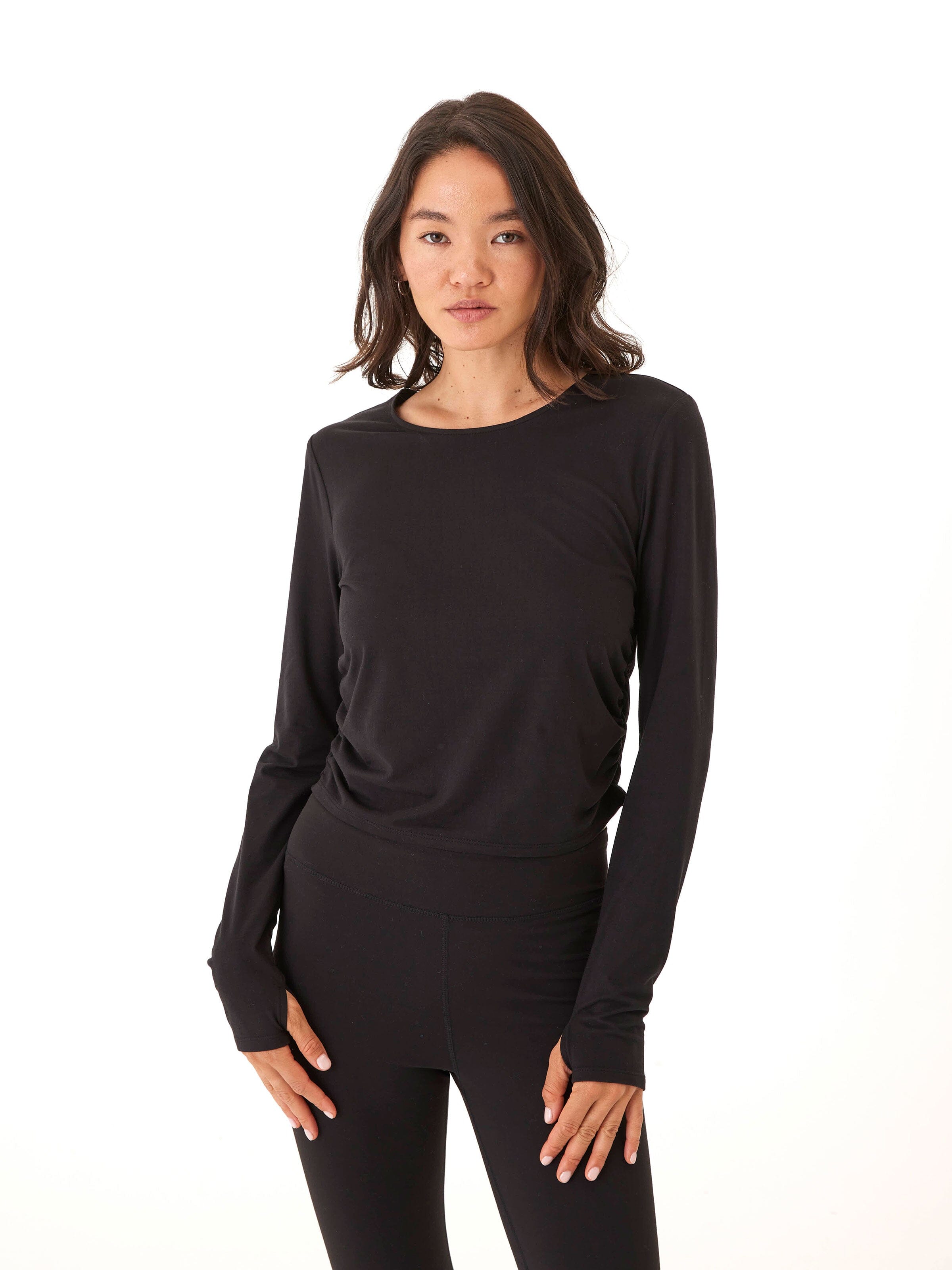 Black Ruched Long Sleeve Crew Neck Cropped Top with Thumbholes