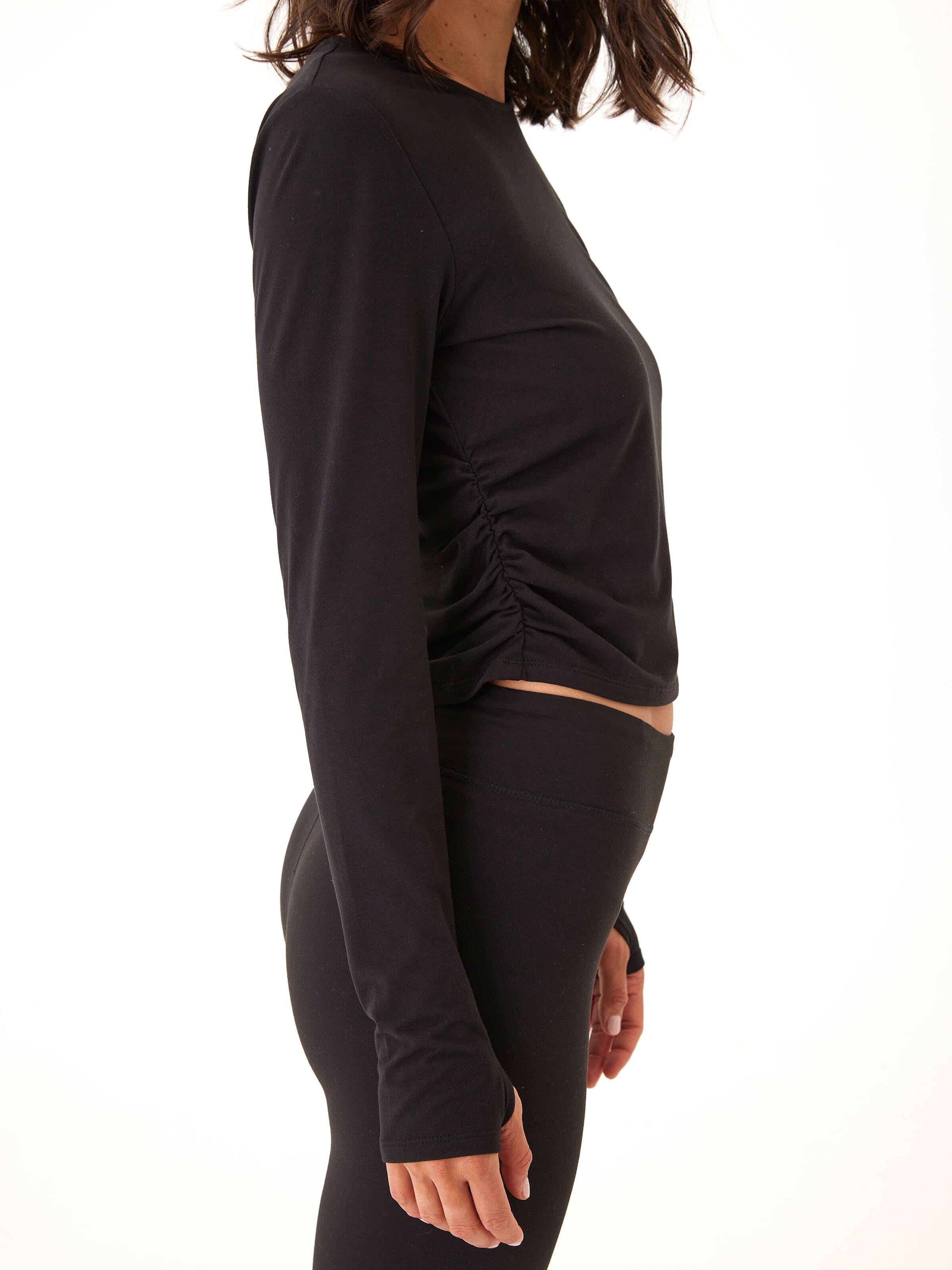 Black Ruched Long Sleeve Crew Neck Cropped Top with Thumbholes