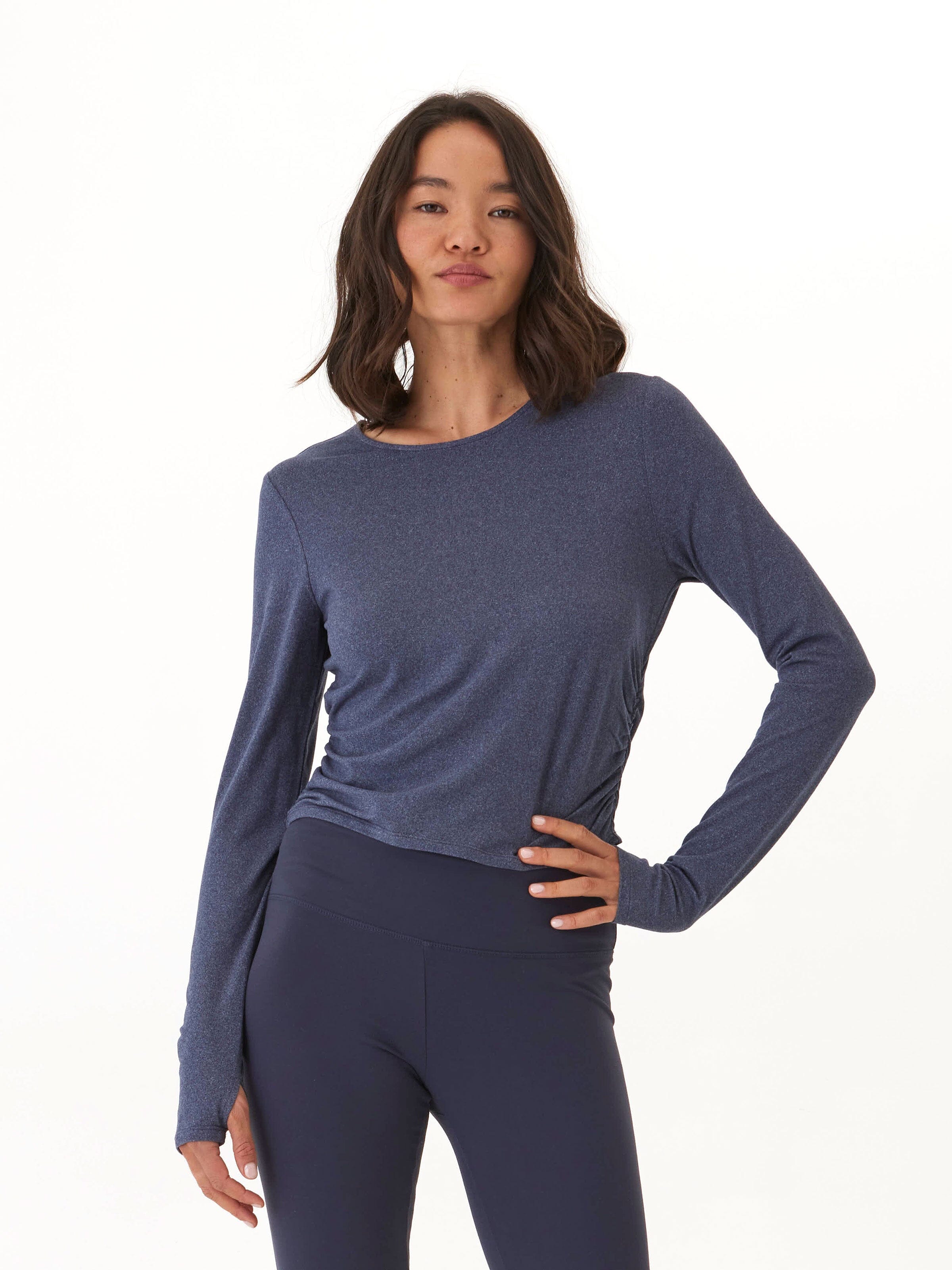 Amabella Heather Luxe Jersey Ruched Long Sleeve Top with Thumbholes