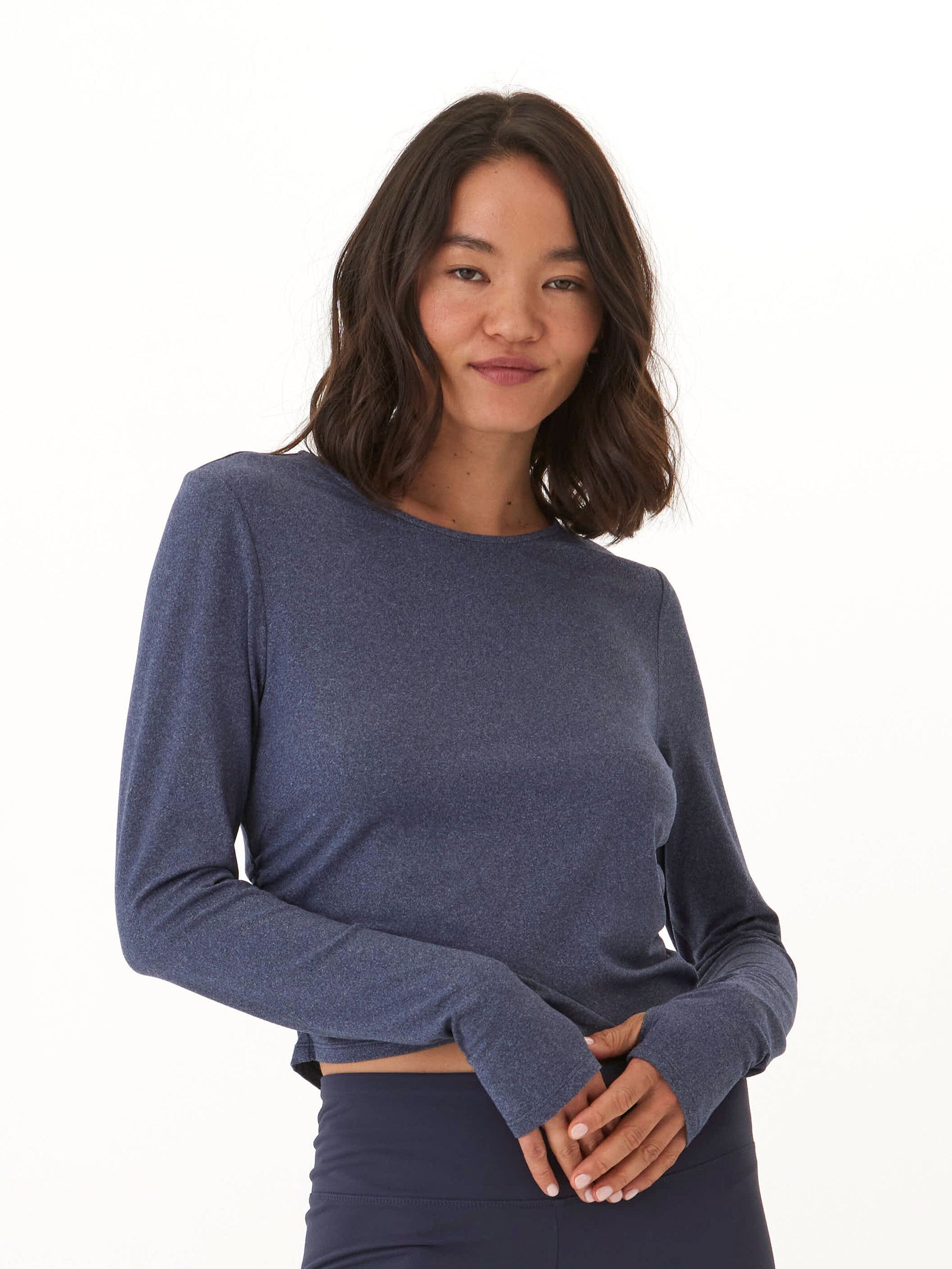 Amabella Heather Luxe Jersey Ruched Long Sleeve Top with Thumbholes